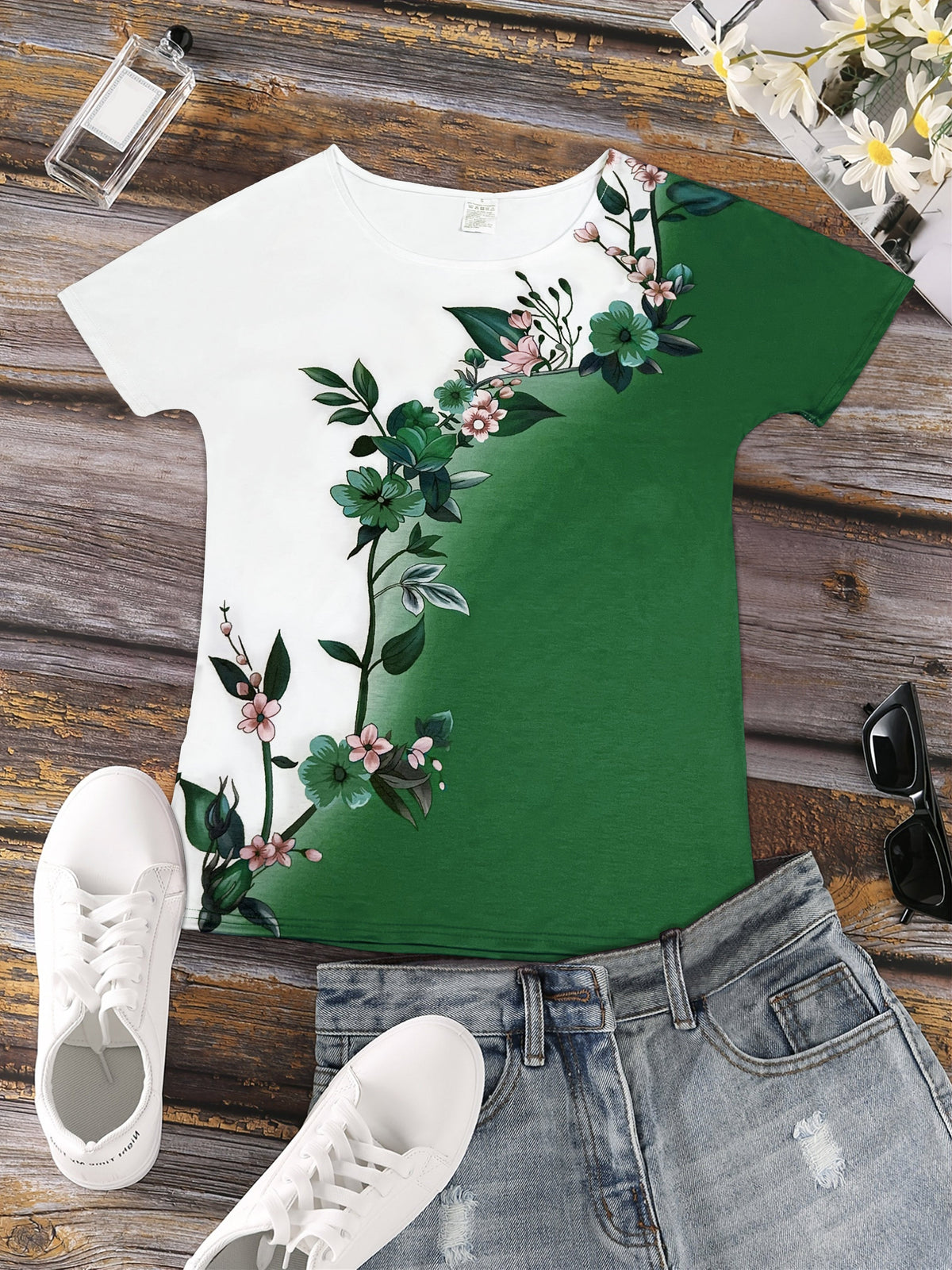 Short Sleeve Floral Print Colorblock Crew Neck T-Shirt