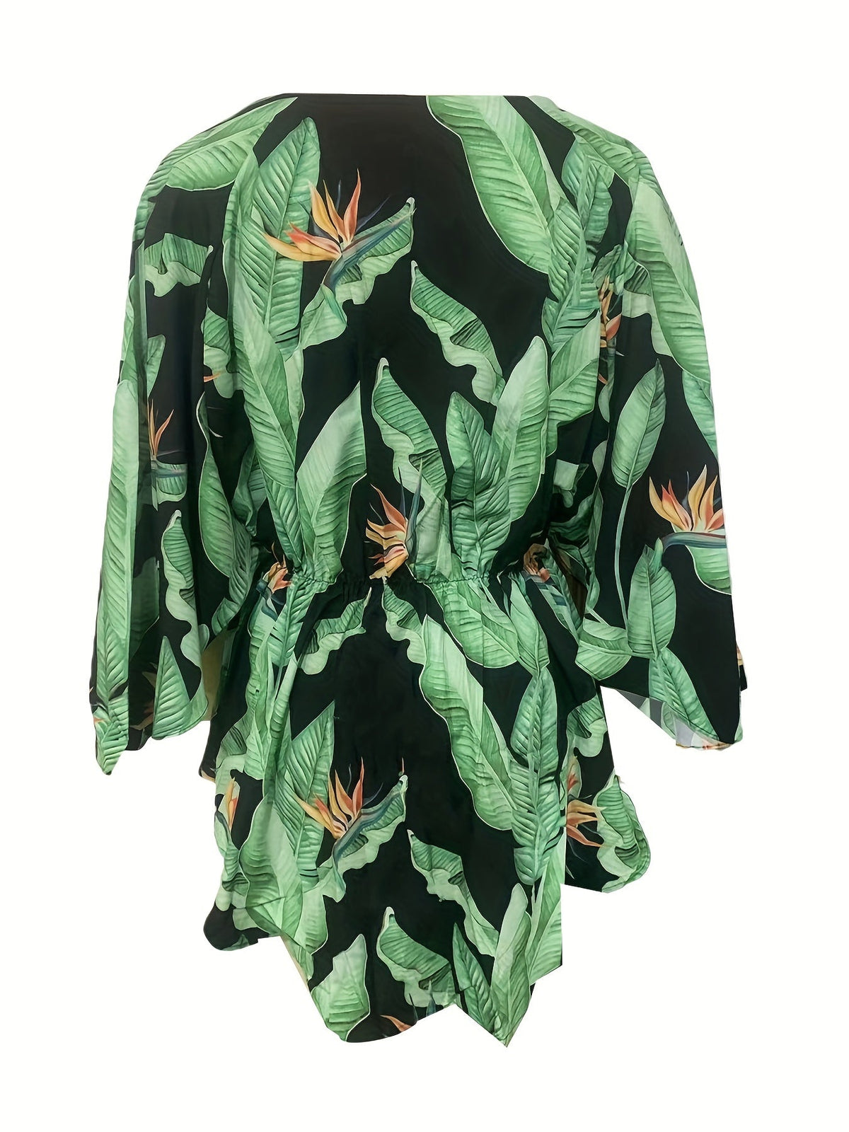 Full Printed V Neck Dress, Casual Tie Waist Batwing Sleeve Dress