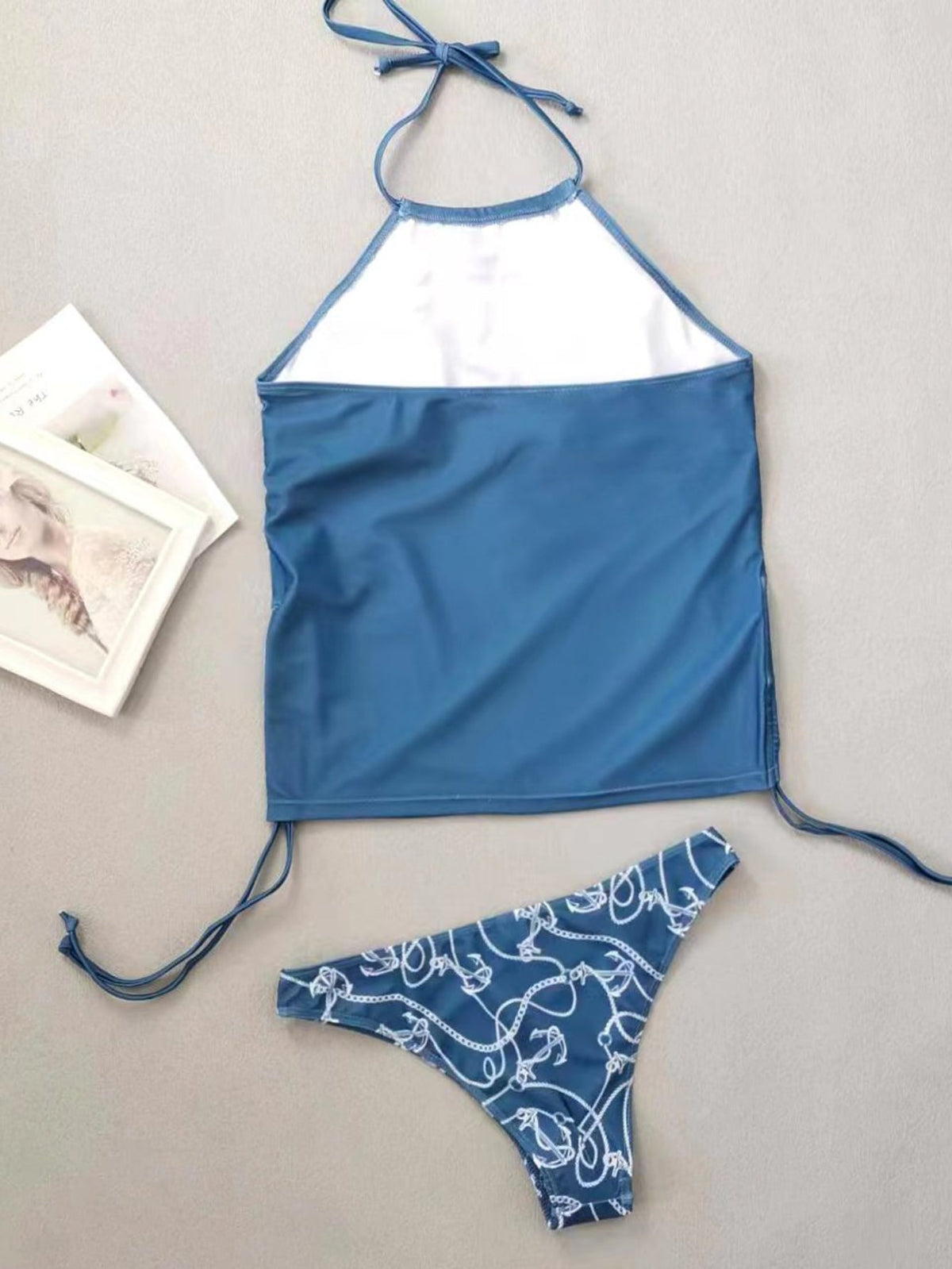Coconut Tree Sunset Pattern Drawstring 2 Piece Set Swimsuit, Halter Tie Neck Backless Stretchy Low Waist Bathing Suit