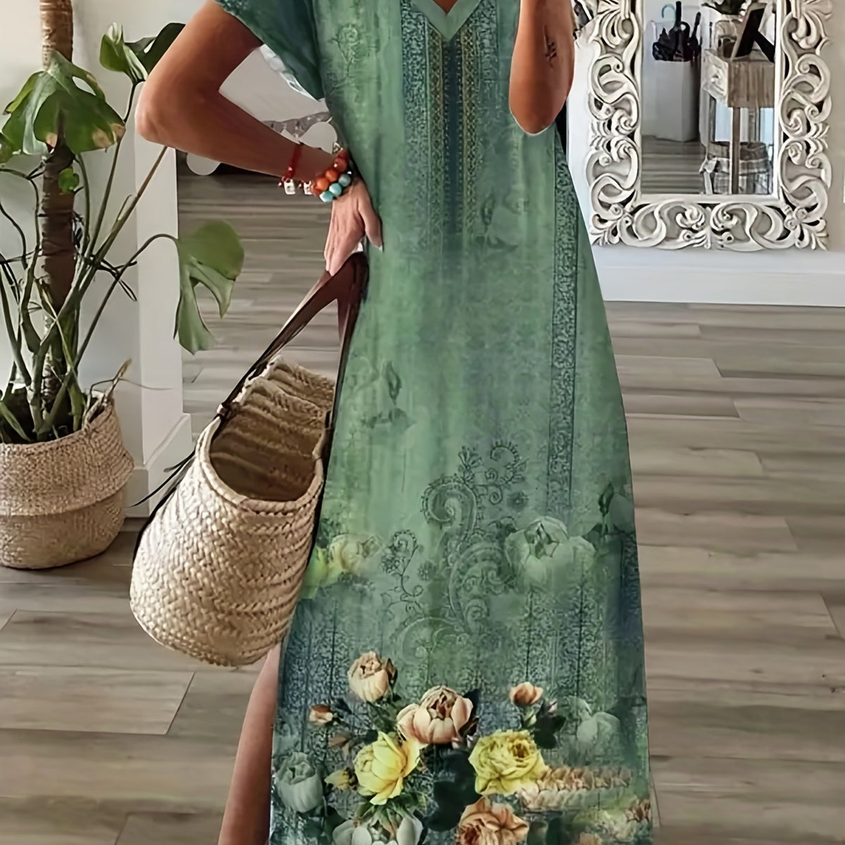 Floral Print Side Split Dress, Casual V Neck Short Sleeve Dress, Women's Clothing