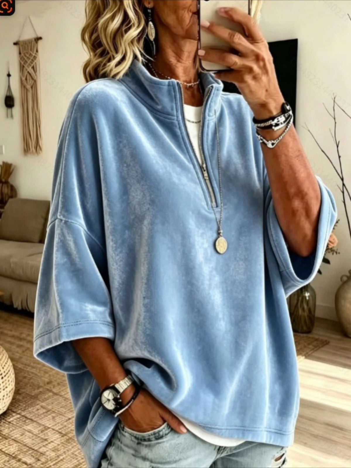 Half-Zip Velvet Top with Three-Quarter Batwing Sleeves