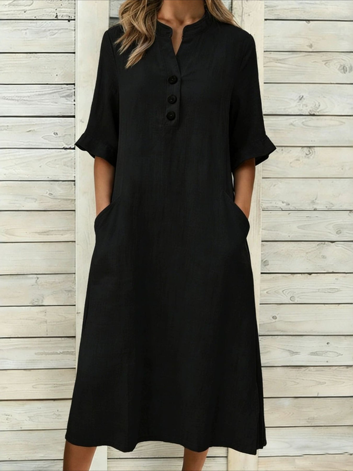 Solid Color Textured Half Sleeve V Neck Elegant Button Sundress Loose Fit High Waisted A Line Flowy Pockets Midi Dress