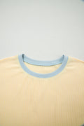 Yellow Cream Soft Ribbed Color Block Trim Casual Short Set