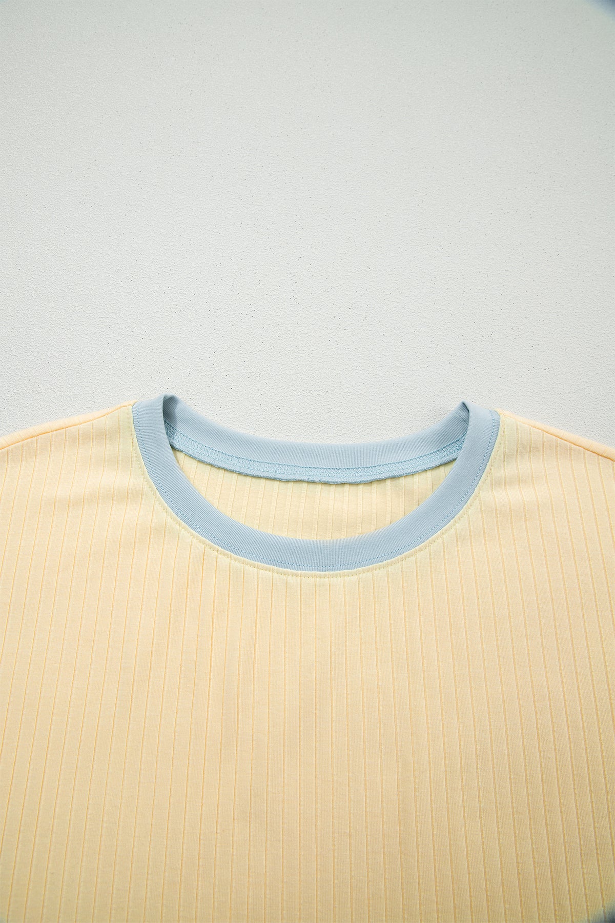 Yellow Cream Soft Ribbed Color Block Trim Casual Short Set