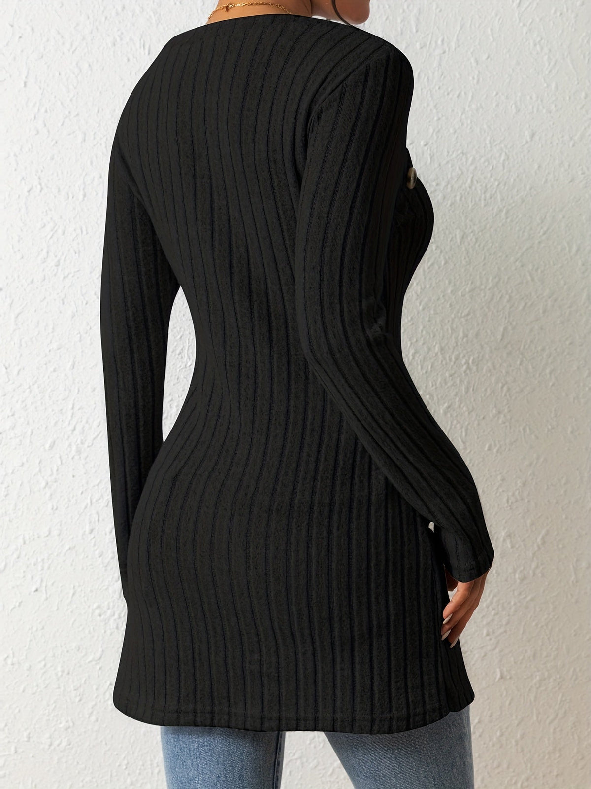 Button Decor Asymmetrical Hem T-Shirt, Casual Ribbed Long Sleeve Top