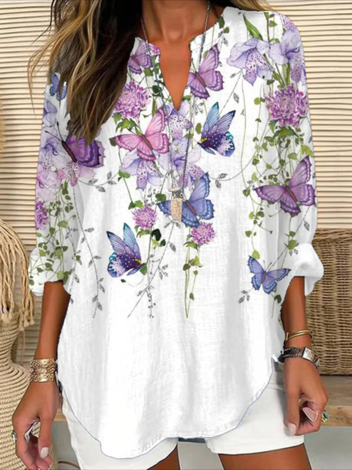 Abstract Long Sleeve Blouse Spring/Fall Printing V Neck Daily Casual Top