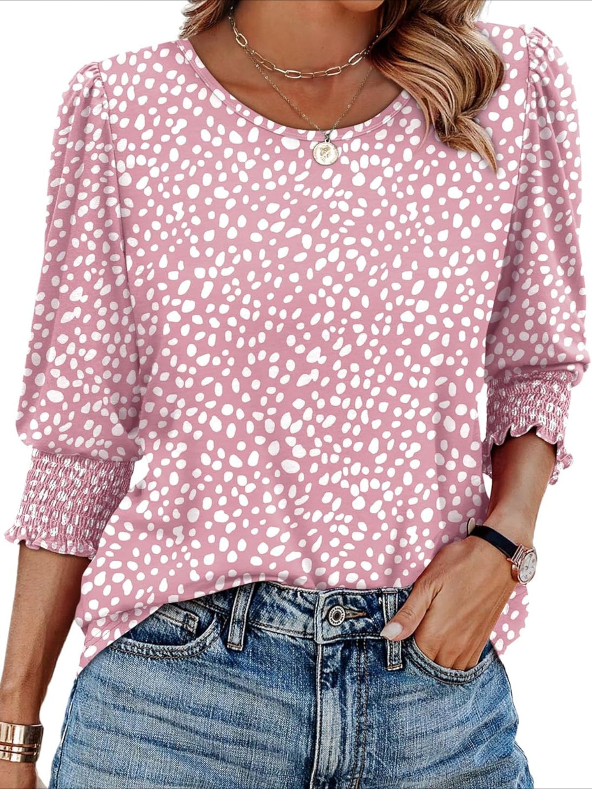 Casual 3/4 Length Sleeve Blouses with Smocked Cuffs