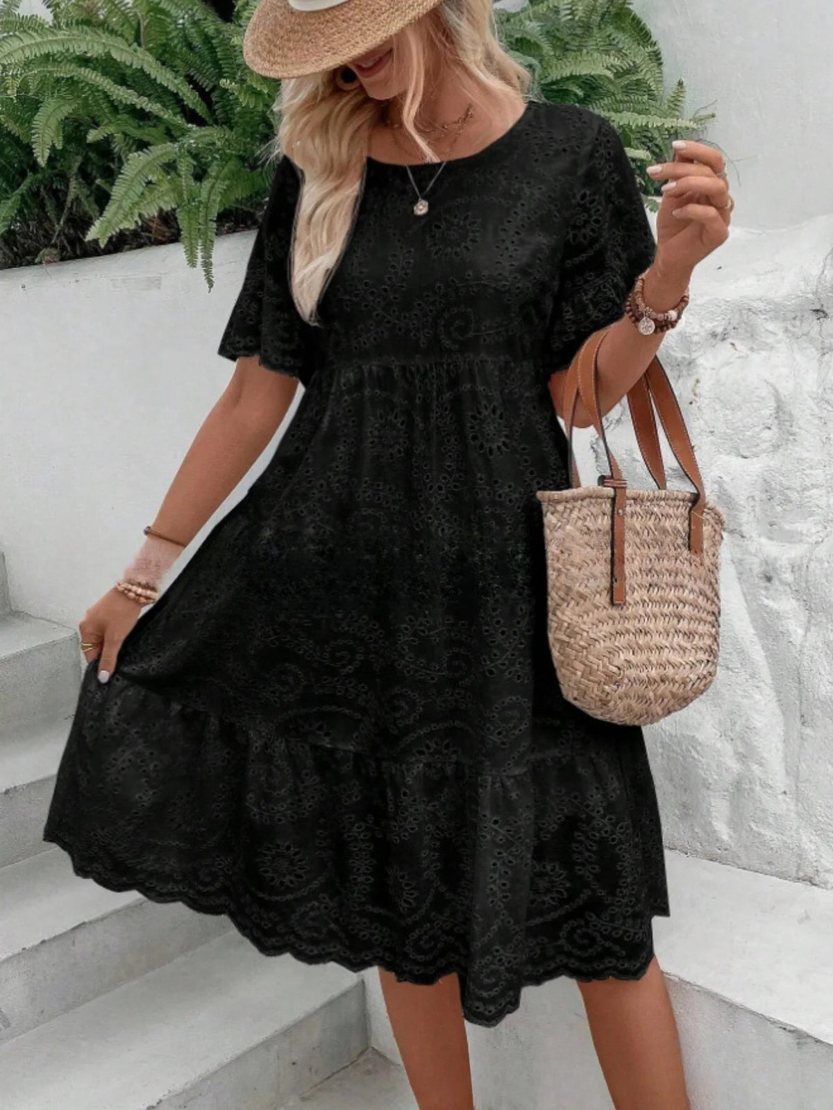 Embroidered Dress with a Hollowed-Out Lining in a Pure Color