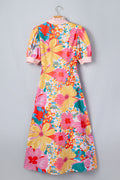 Pink Floral Print Striped Trim Button Down Short Sleeve Vacation Dress