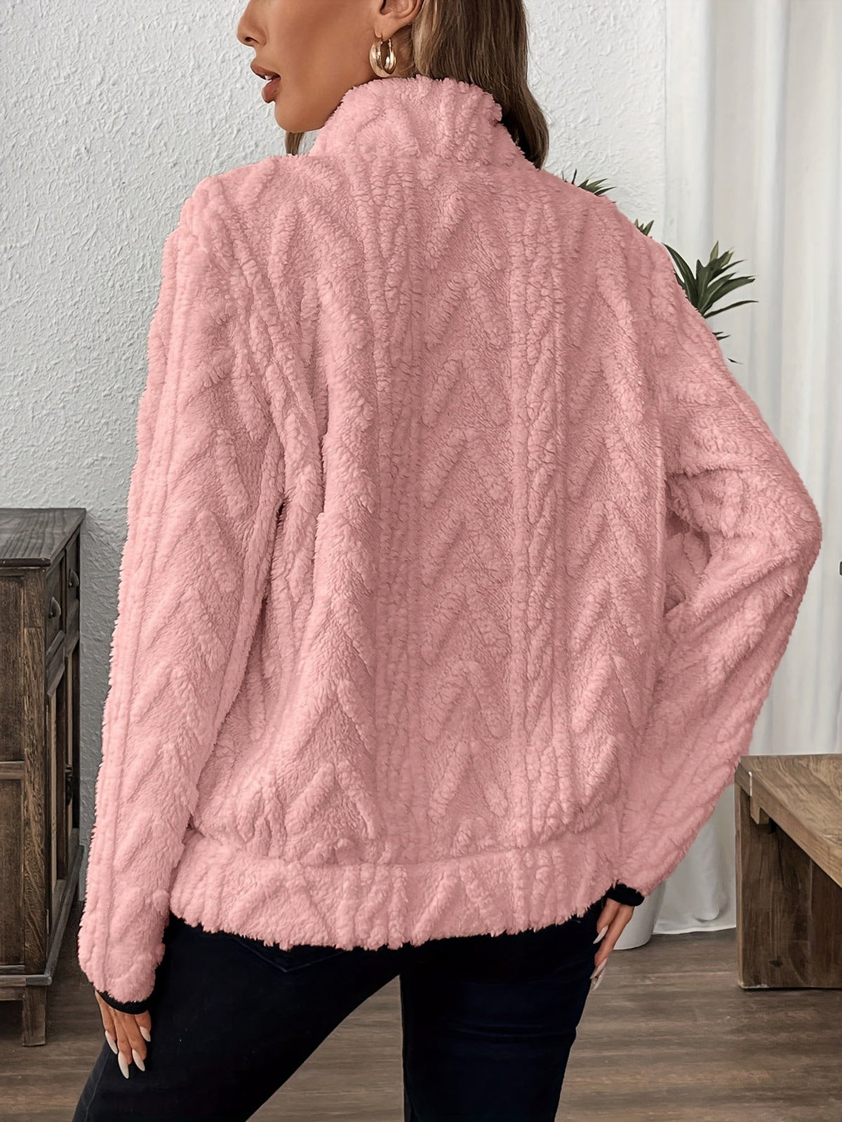Women'S Fashion Fuzzy Sweatshirt, Solid Color, with Lapel Collar and Zipper Detail