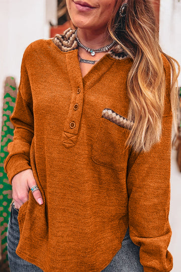 Straw Yellow Contrast Plaid Hood Patchwork Chest Pocket Henley Top