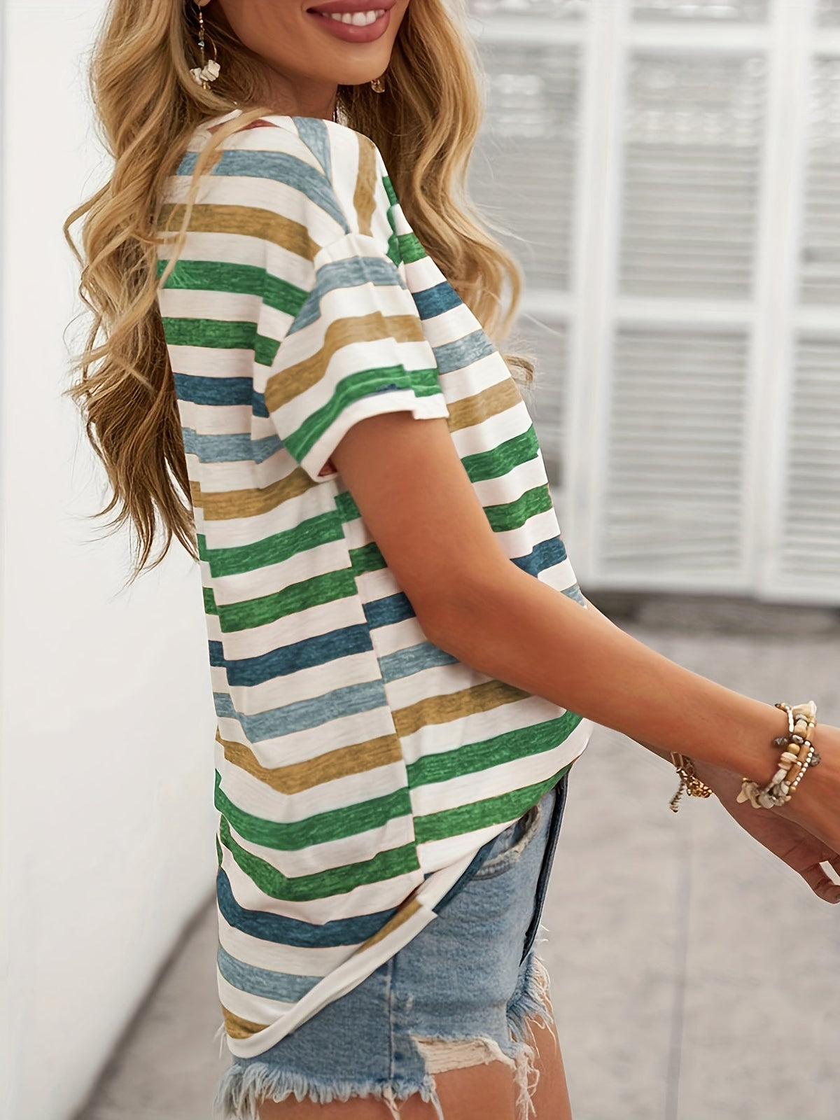 Vintage Striped V Neck Short Sleeve T-Shirt