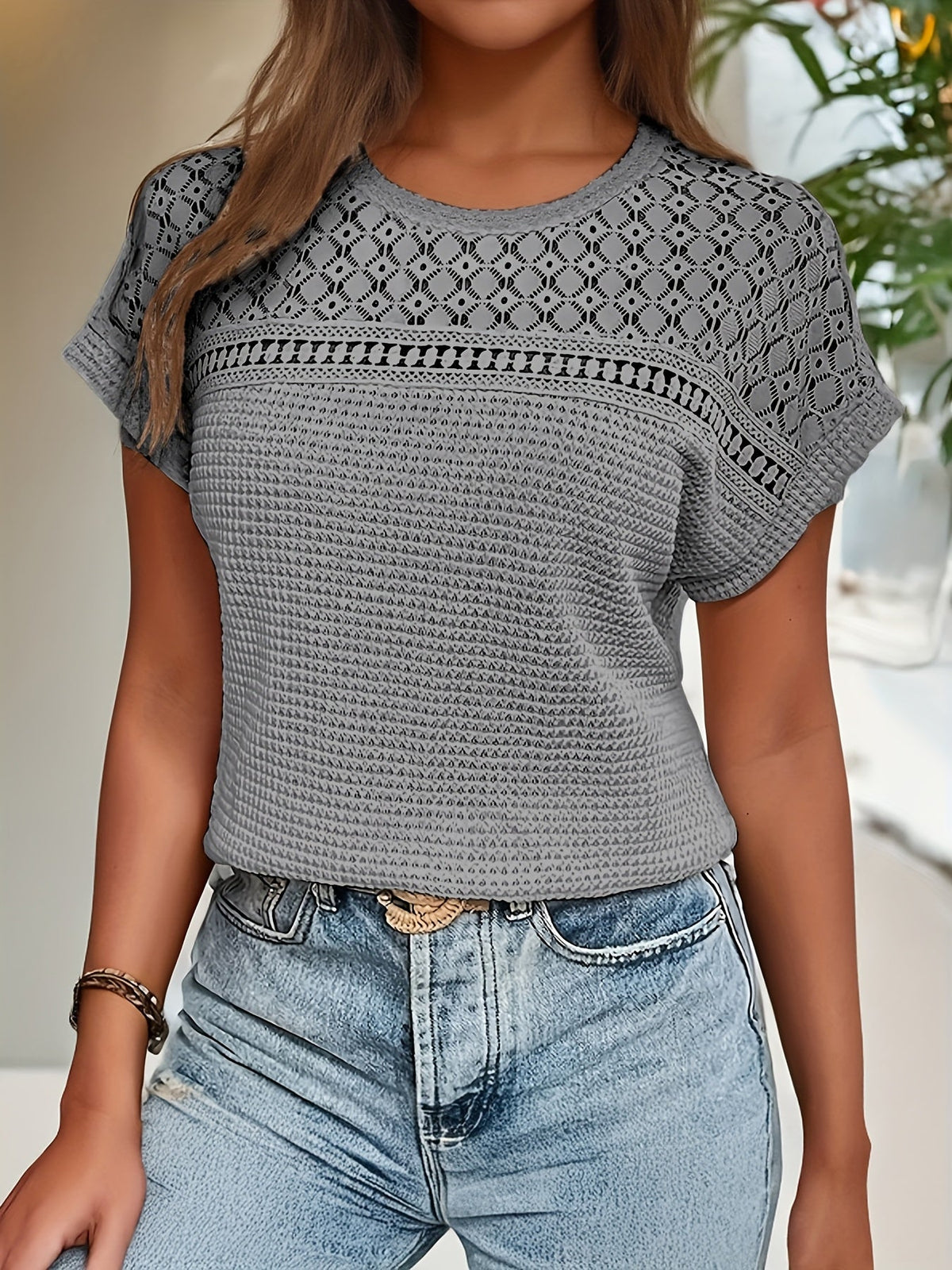 Casual Crew Neck Waffle Loose Solid Color Tops