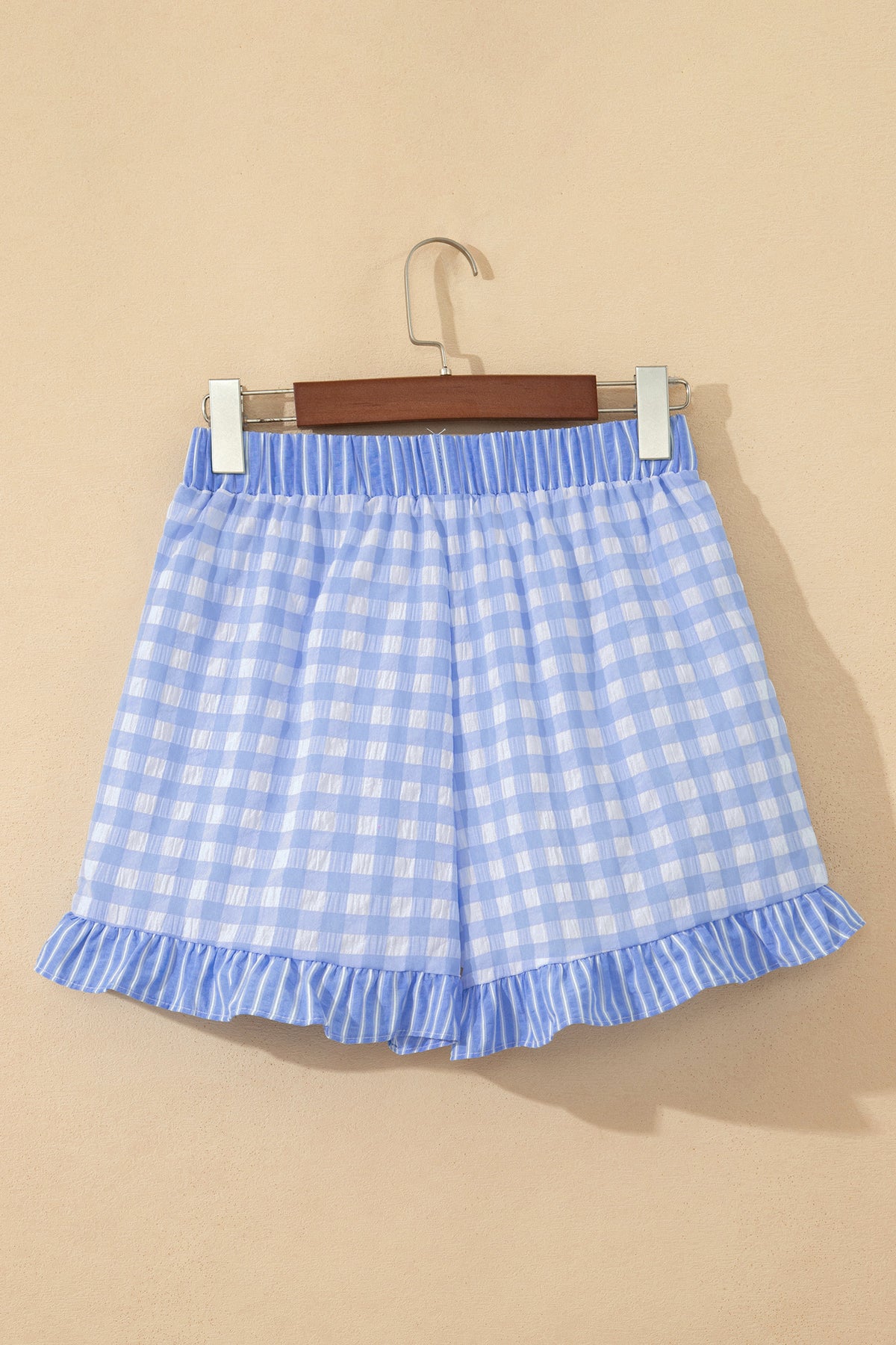 Sky Blue Gingham Print Ruffle Striped Detail Lace Tie Shorts
