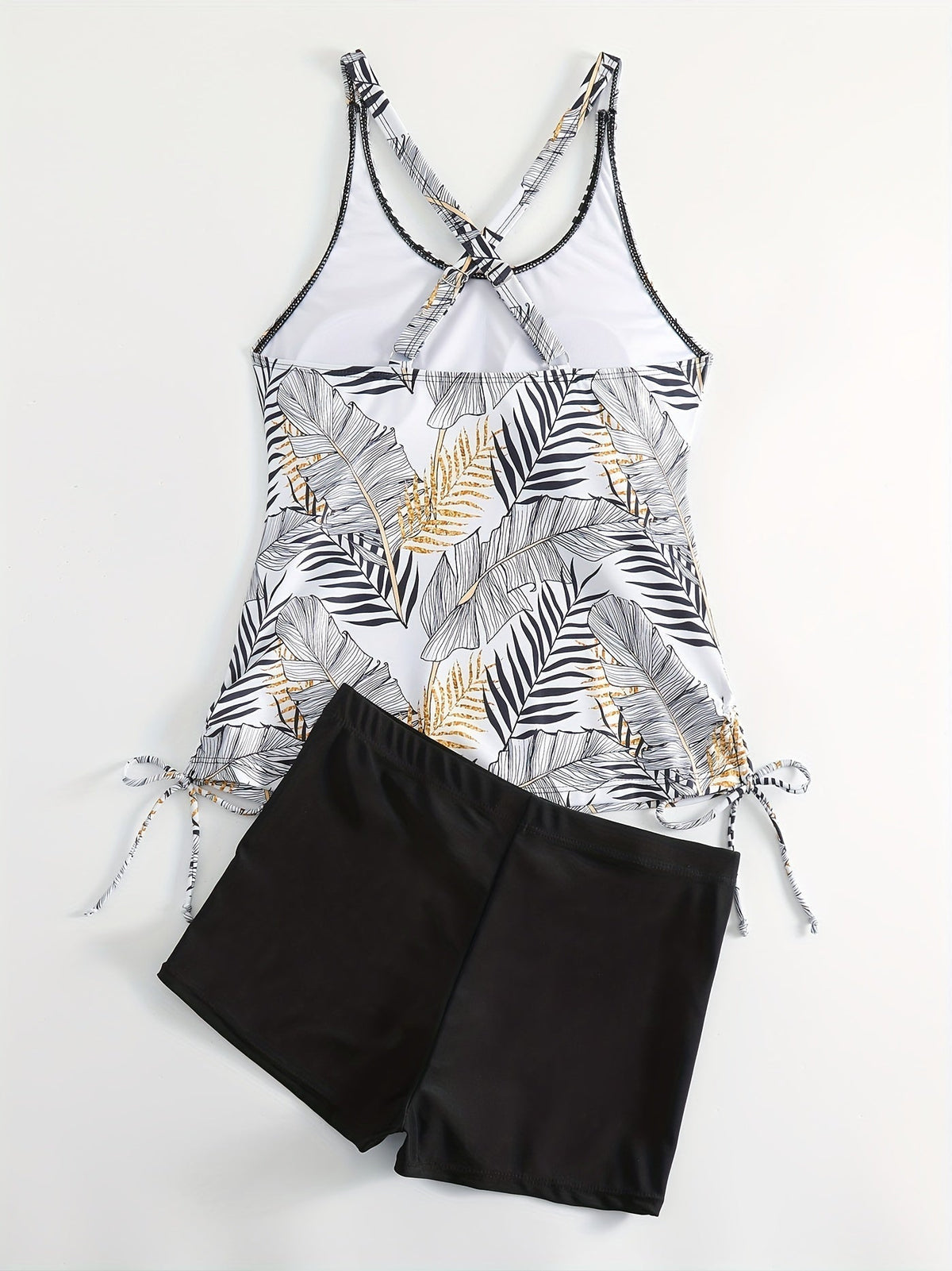 Tropical Print Round Neck Tankini Sets, Drawstring Straps Boxer Short Bottom Two Pieces Swimsuit