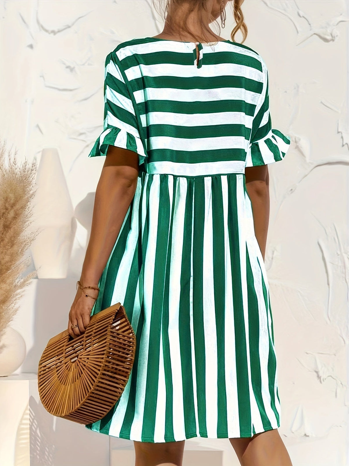 Short Sleeve Beach Dress, Crew Neck Vacation Casual Dress