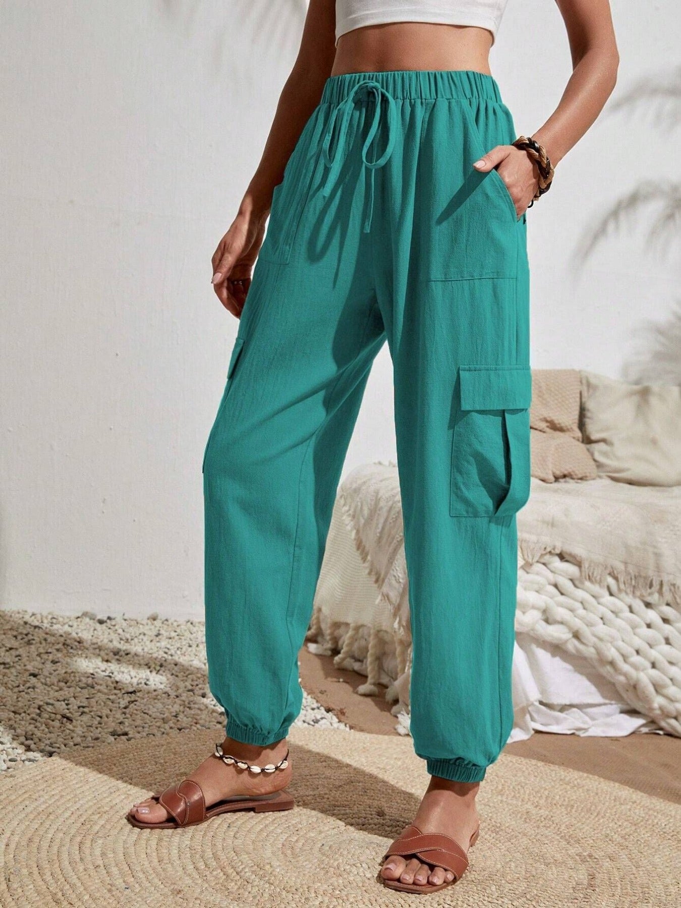 Solid Drawstring Pants, Casual Slant Pockets Cargo Pants