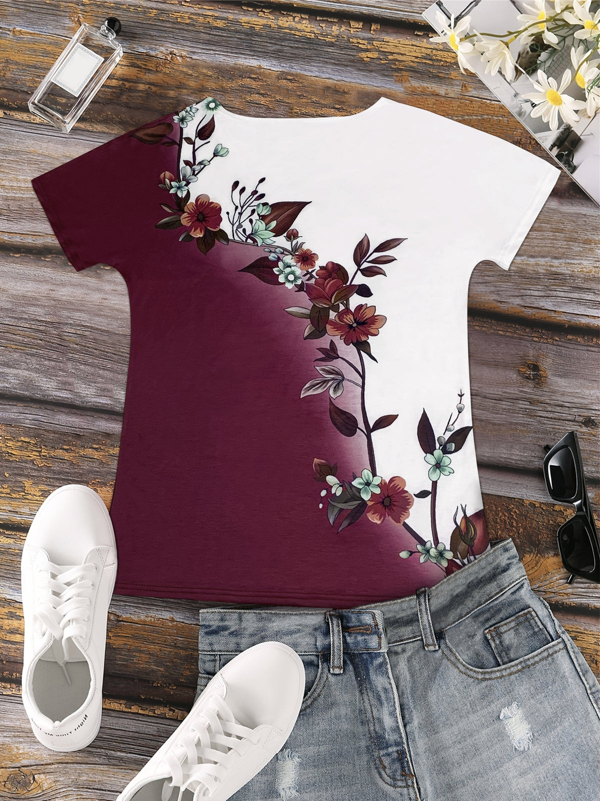 Short Sleeve Floral Print Colorblock Crew Neck T-Shirt