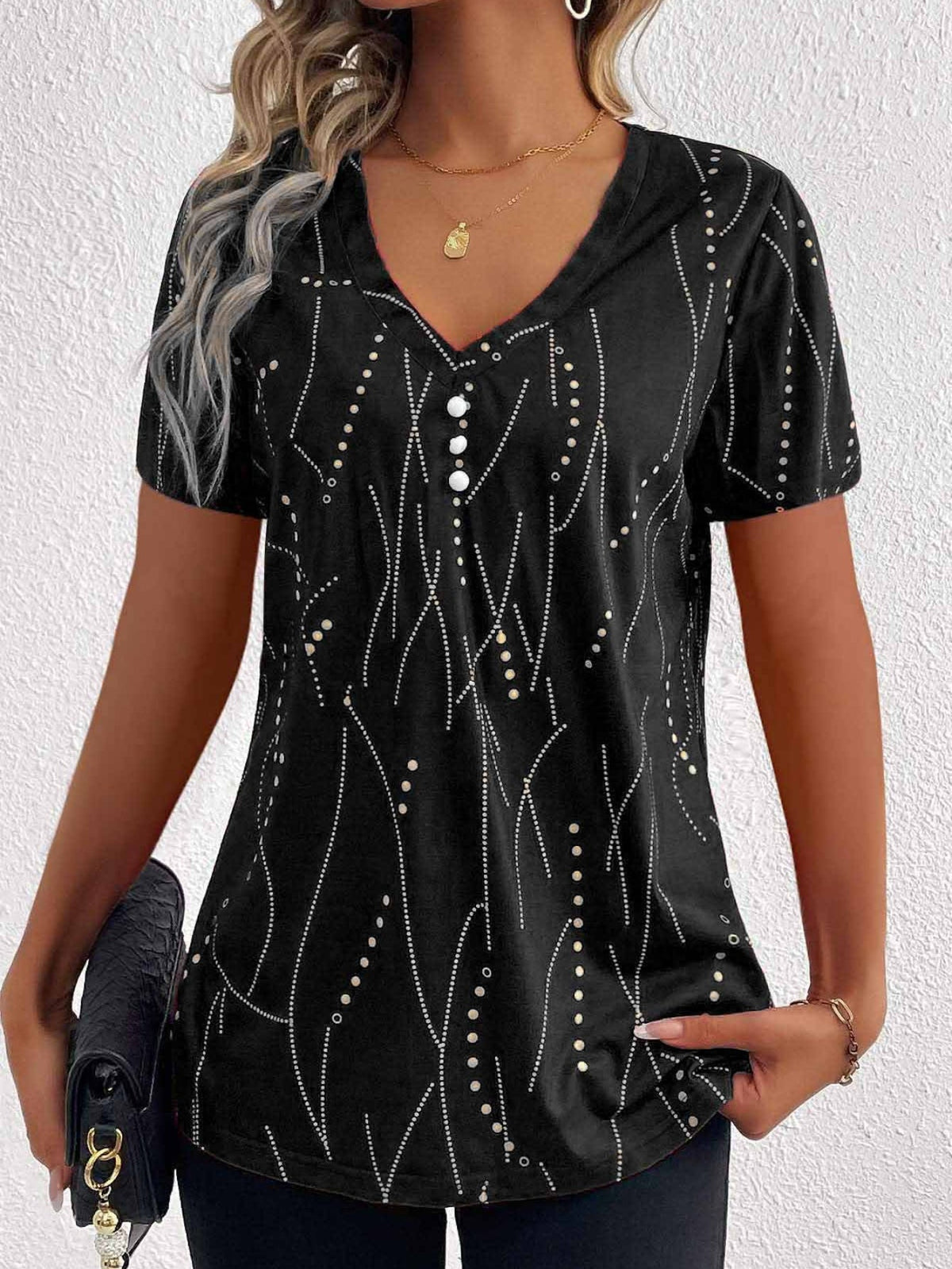 Polka Dot Print T-Shirt, Casual V Neck Short Sleeve T-Shirt