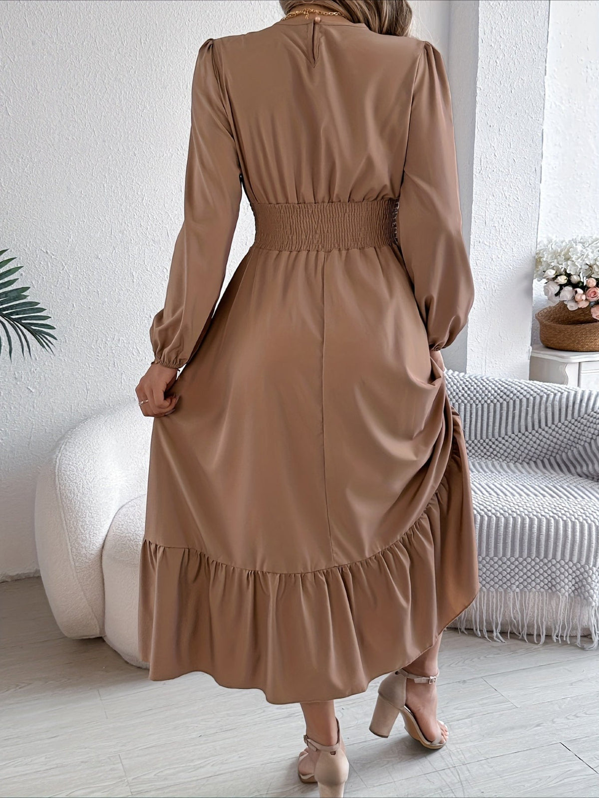 Elegant Long Sleeve Hem Round Neck Dress