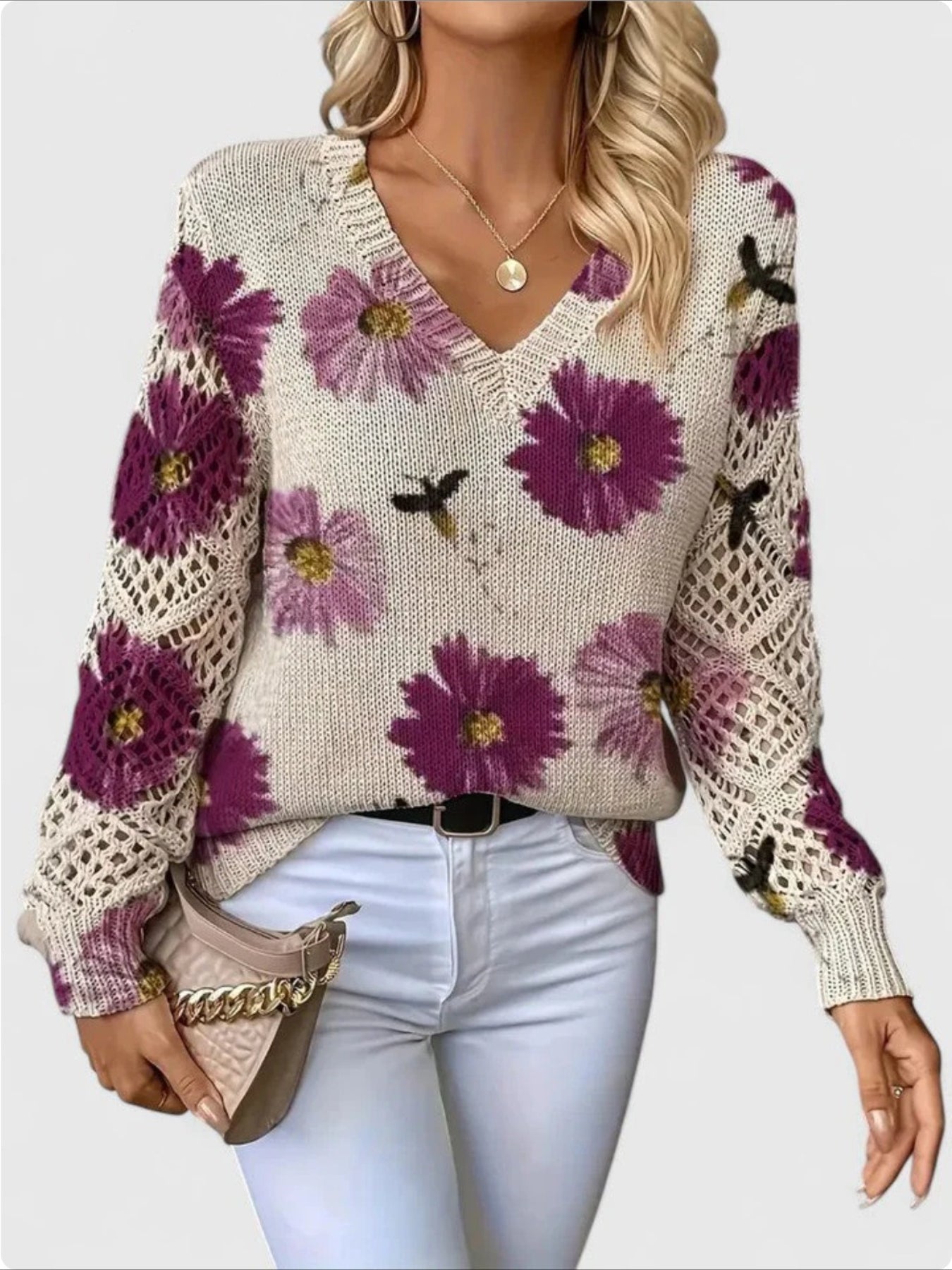 V-Neck Long Sleeve Floral Print Pullover Sweater