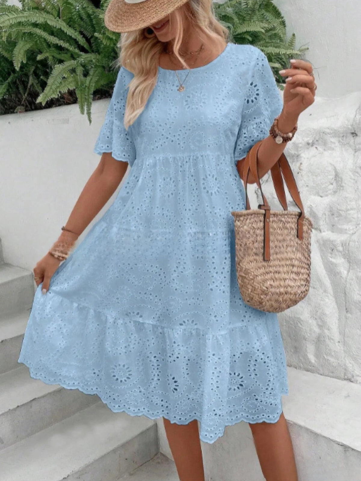 Embroidered Dress with a Hollowed-Out Lining in a Pure Color