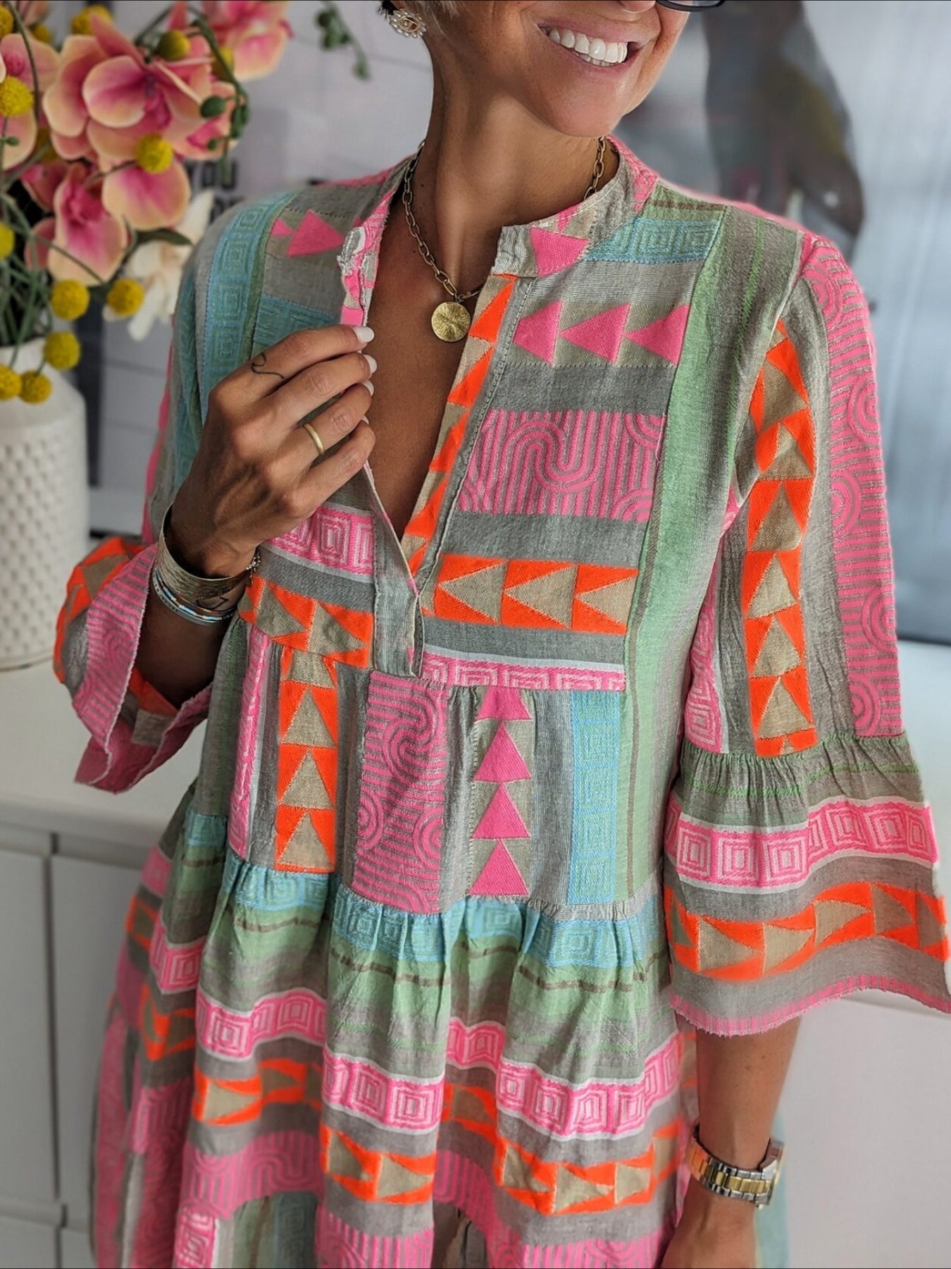 Fresh Print 3/4 Sleeve Mini Dress