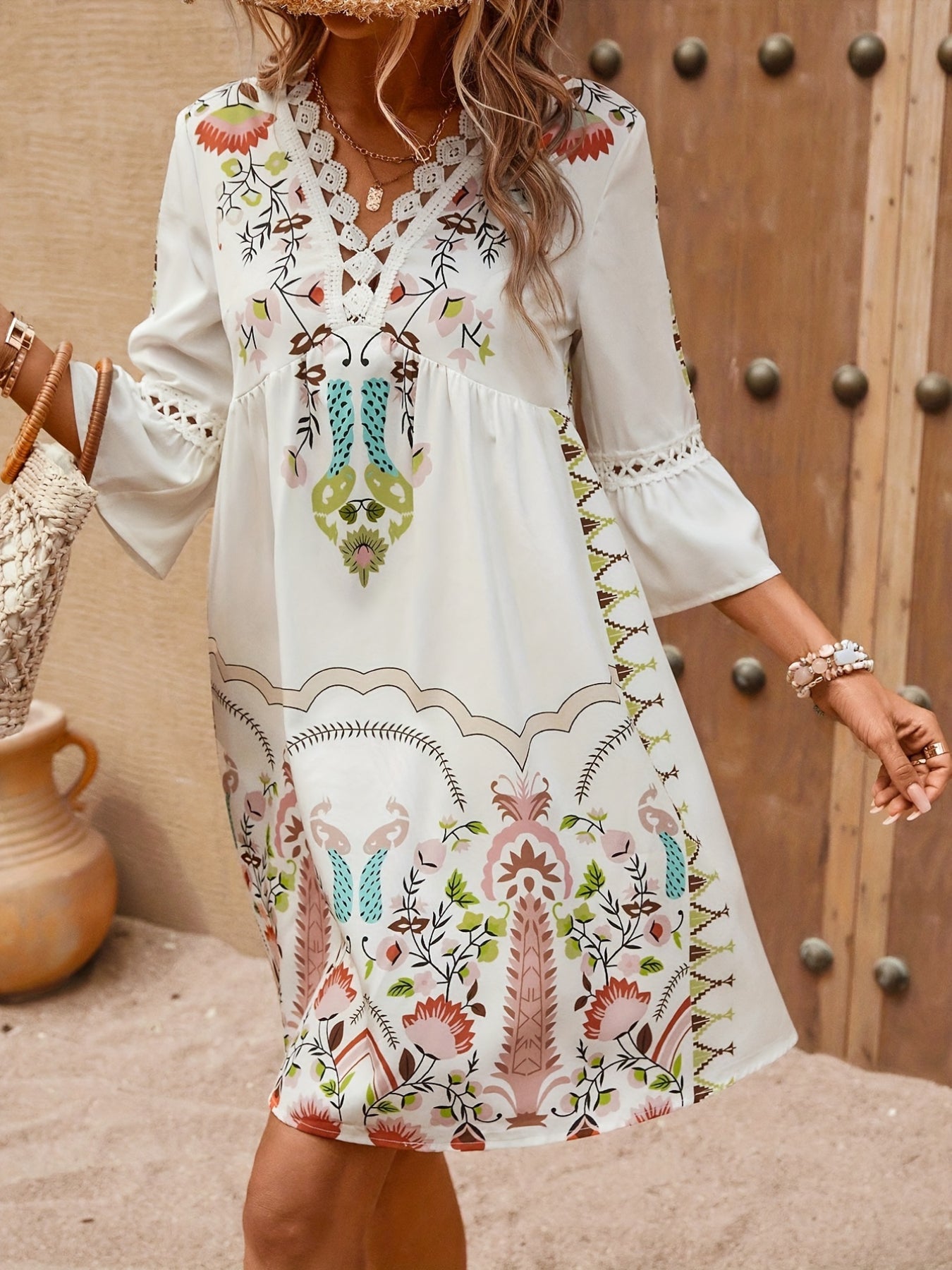 Tribal Print Contrast Lace Smock Dress, Vacation Flared Sleeve V-neck Loose Dress