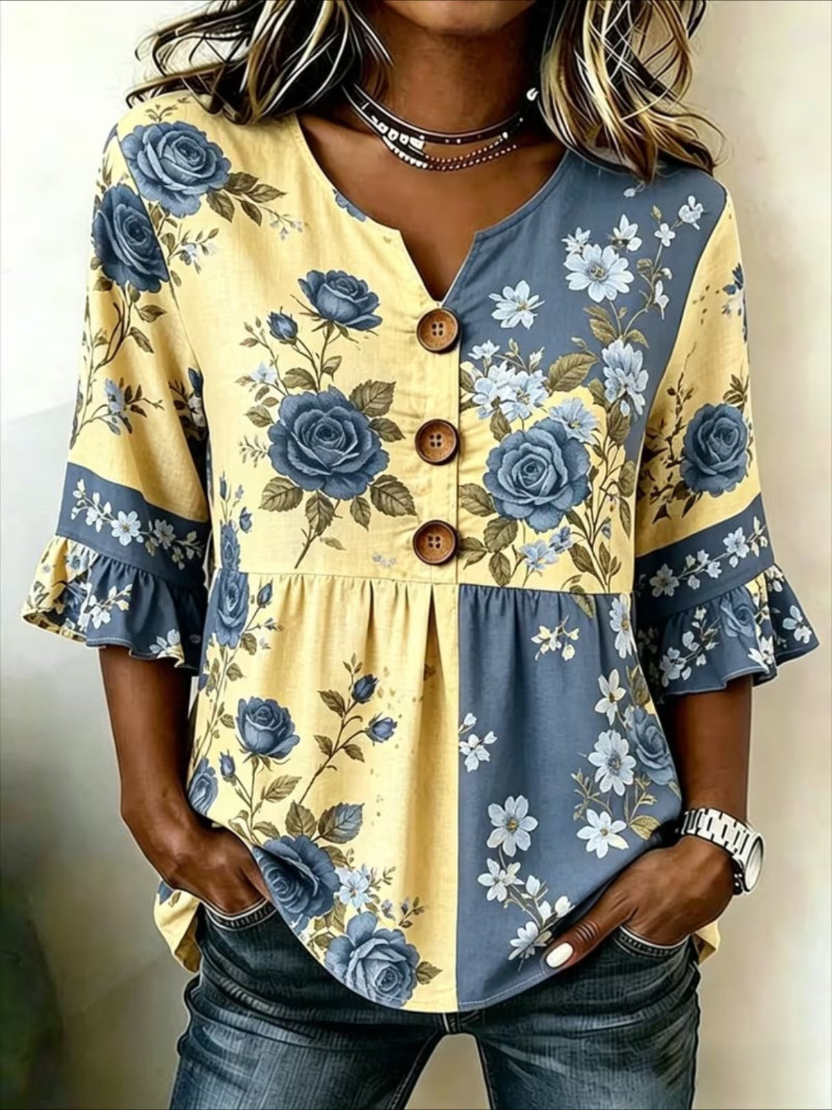 V Neck Button Short Ruffle Sleeve Casual Top