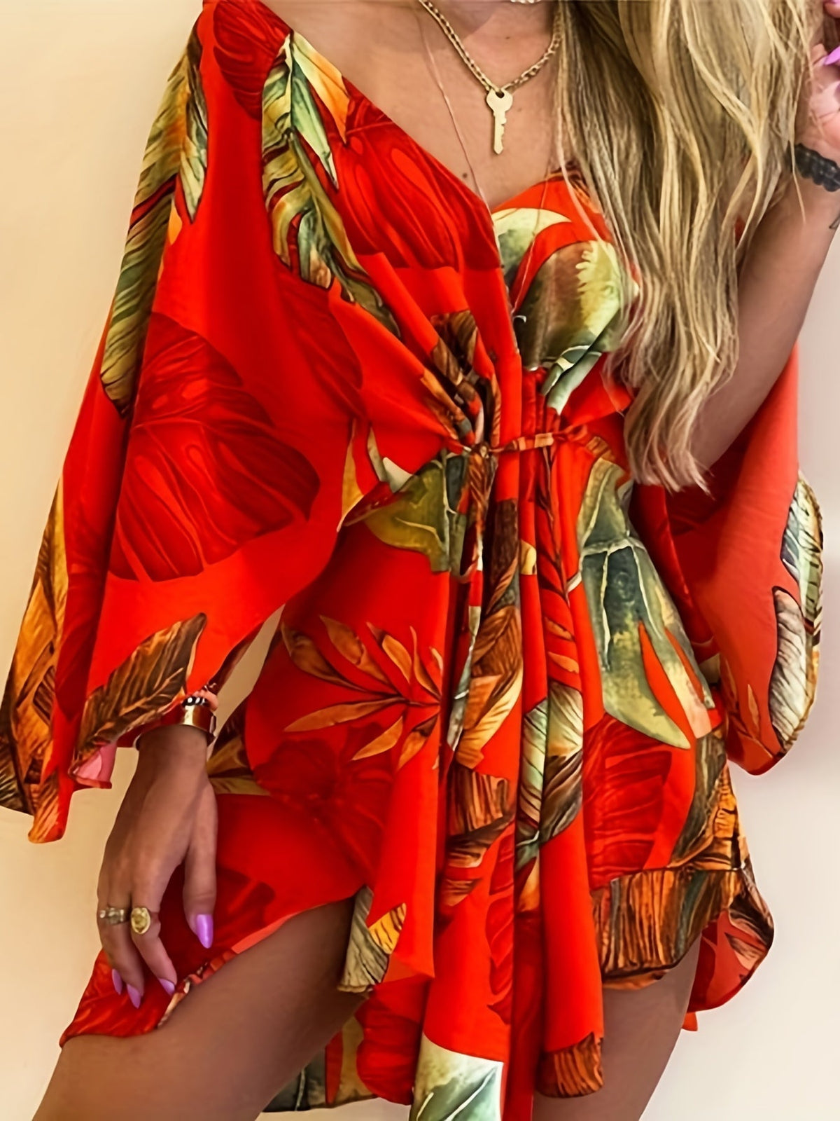 Full Printed V Neck Dress, Casual Tie Waist Batwing Sleeve Dress