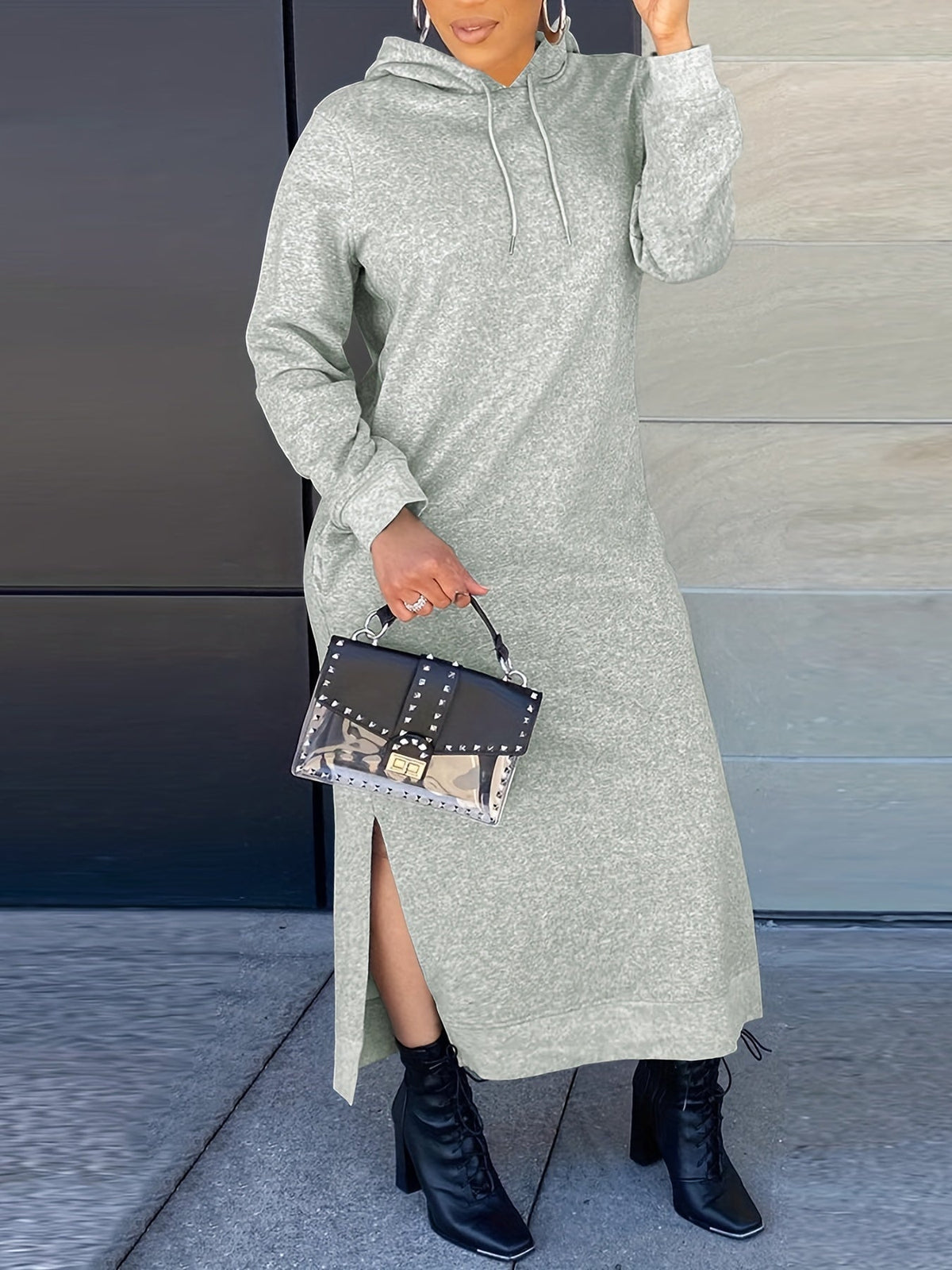 Drawstring Split Dress, Casual Hooded Long Sleeve Maxi Dress