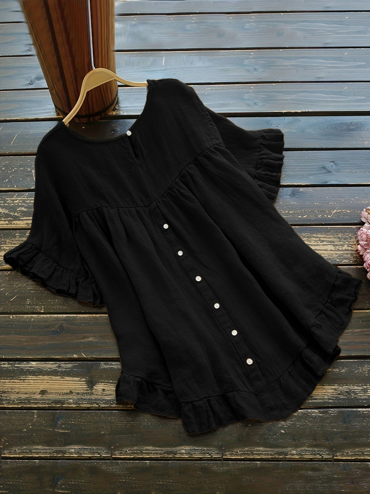Solid Button Back Ruffled Trim Blouse, Casual Short Sleeve Blouse