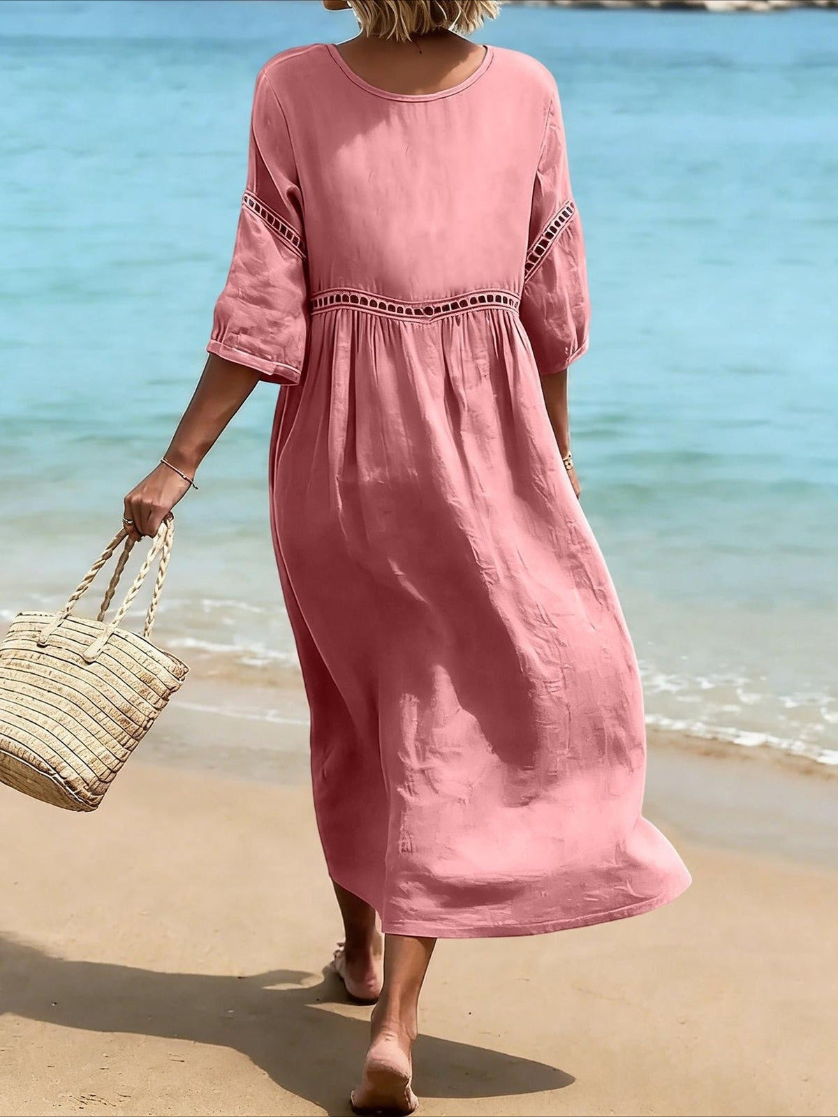 Casual V-Neck Solid Color Hollow Out Dress