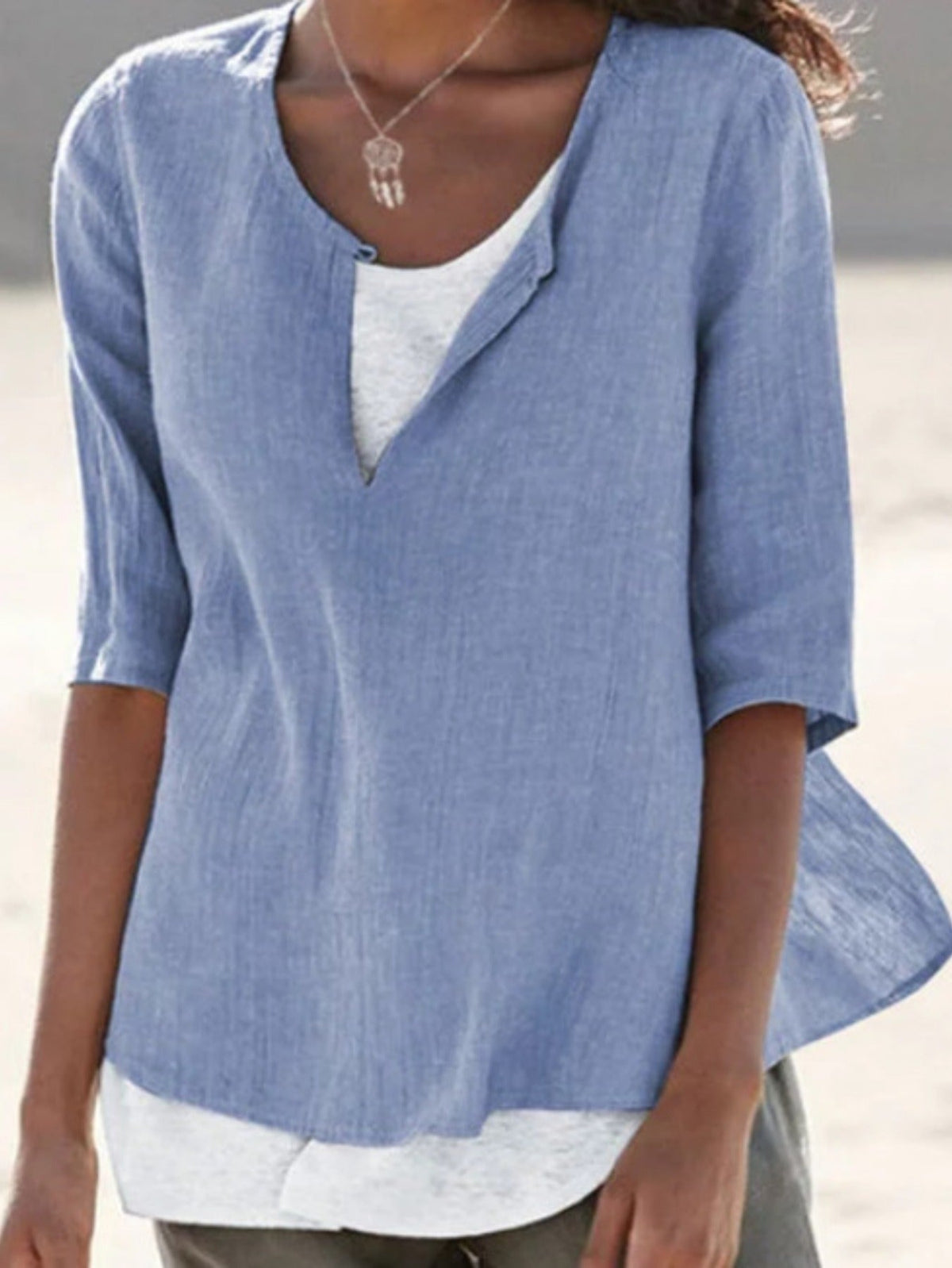 Solid Color Crew Neck Front Slit Stylish Pullover Top