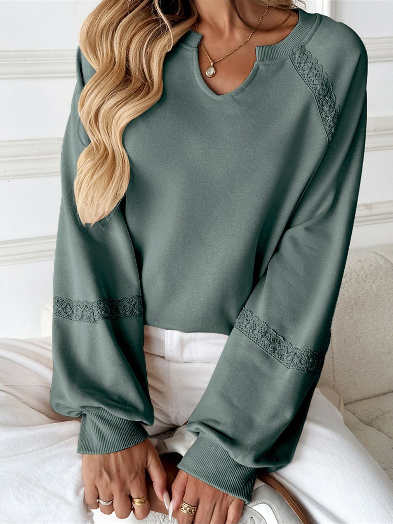 Solid Color Half-open Neck Splicing Lace Loose Fashion Long-sleeved Top