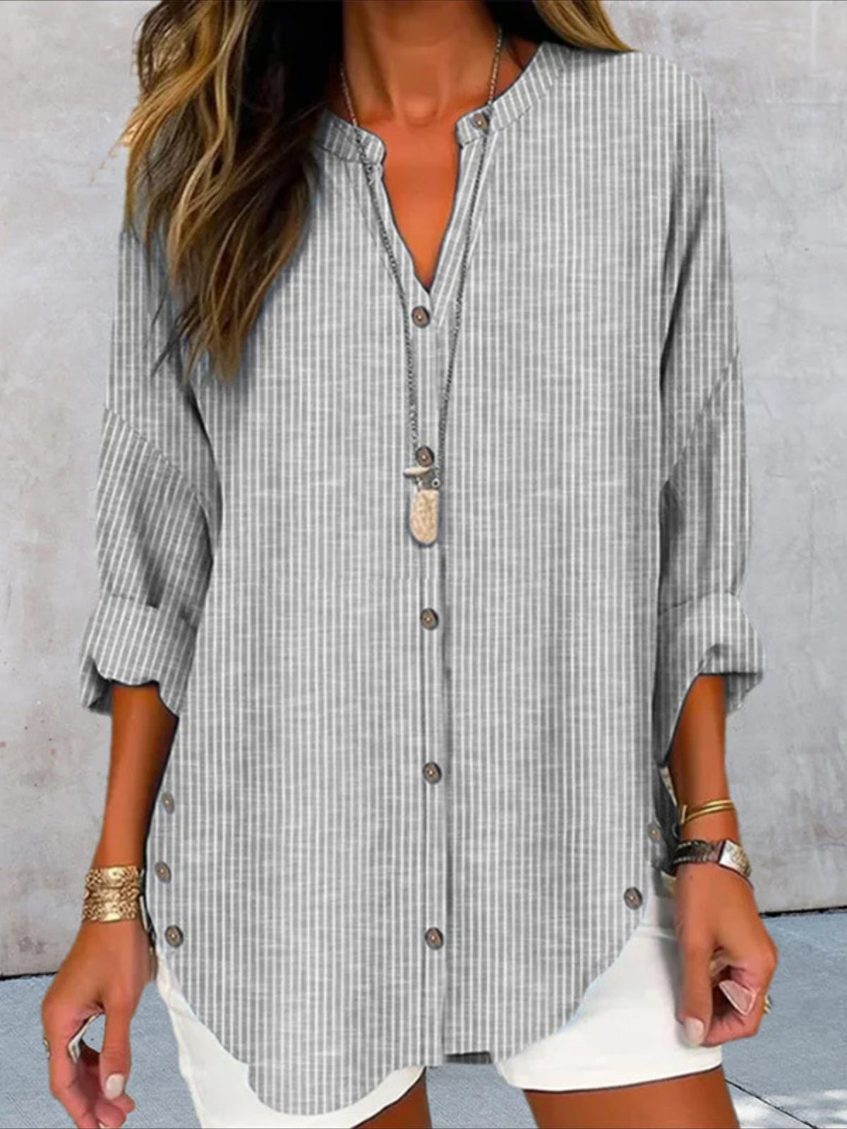 Women's Stripe Print Button Front Blouse - Casual Long Sleeve Top