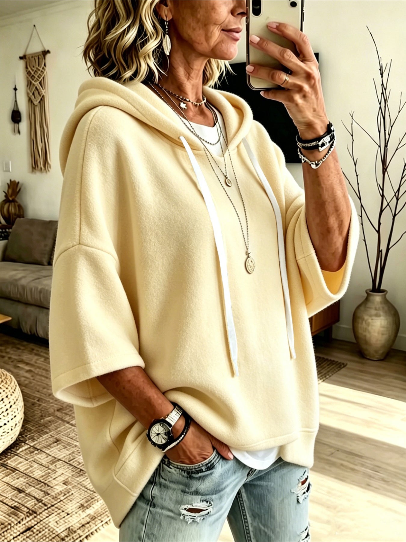 Loose 3/4 Sleeve Hooded Drawstring Bat-sleeved Sweatshirt