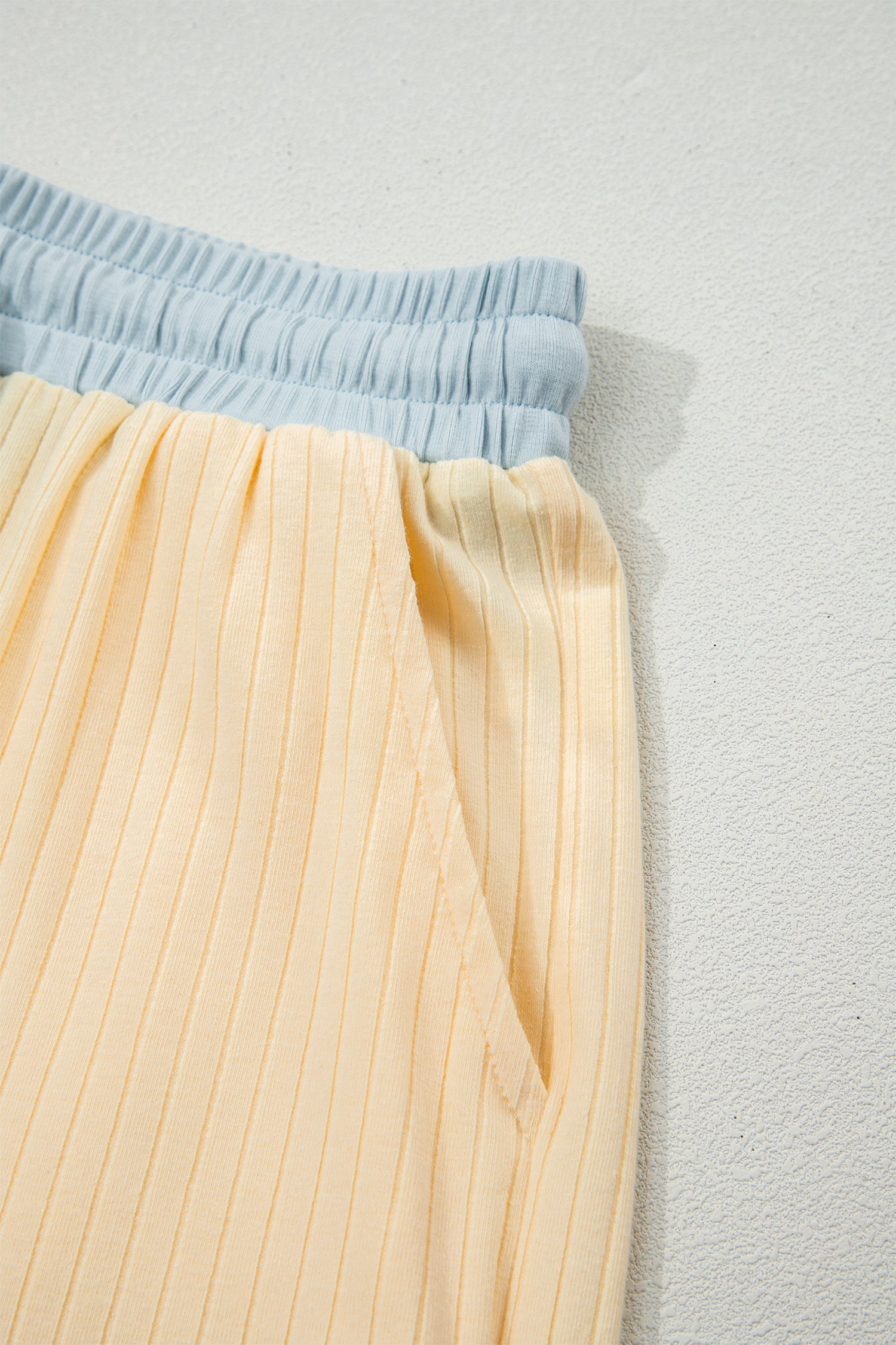 Yellow Cream Soft Ribbed Color Block Trim Casual Short Set