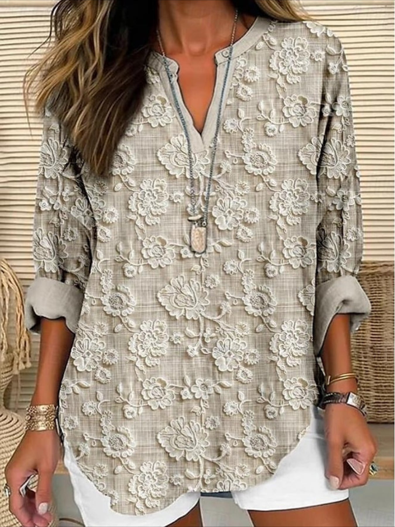 Floral Basic Casual Long Sleeve V Neck Regular Tops