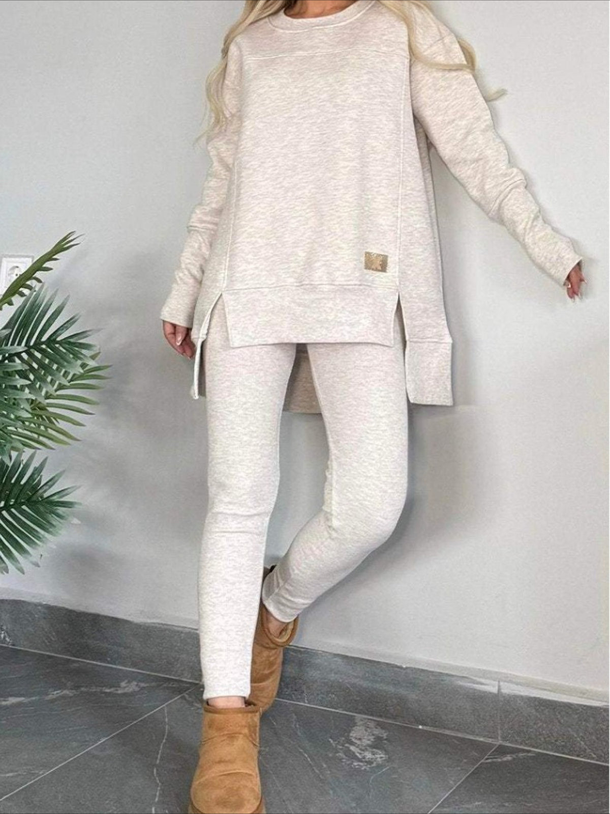 Slit Round Neck Top and Pants Set