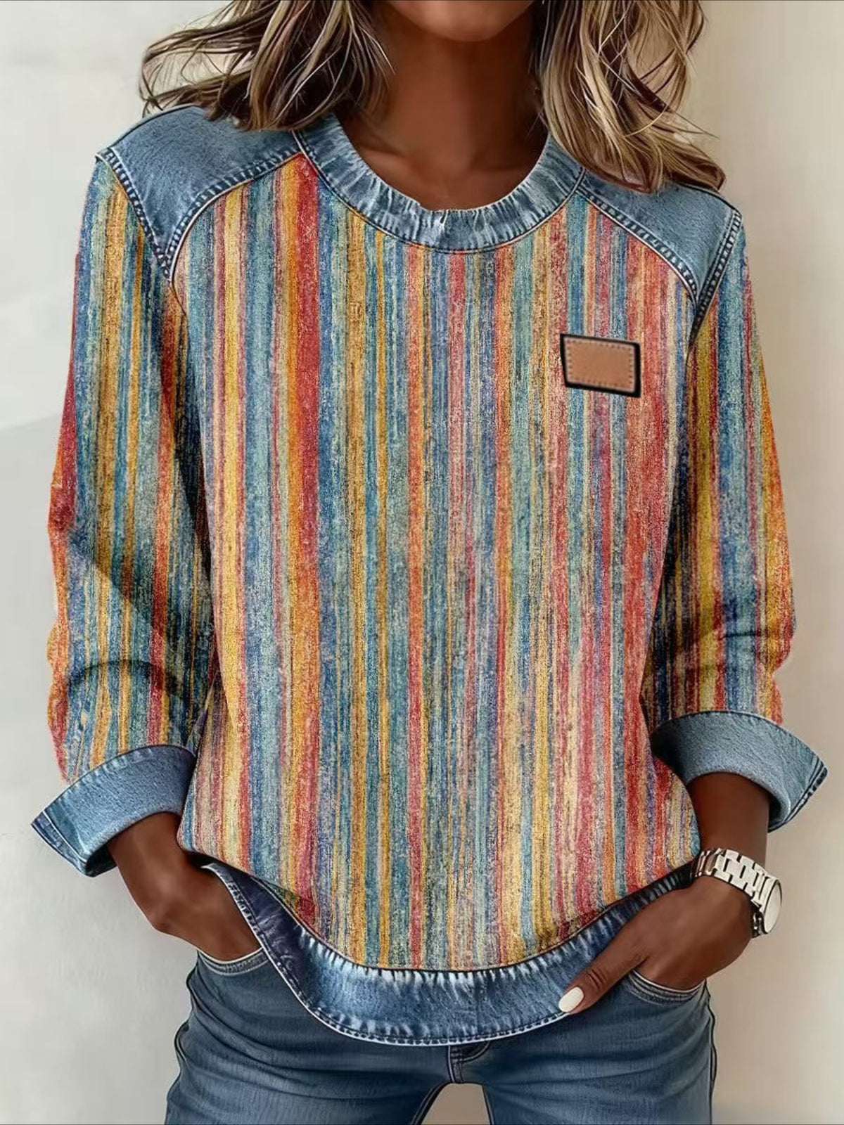 Plaid Vintage Stylish Long Sleeve Crew Neck Regular Tops