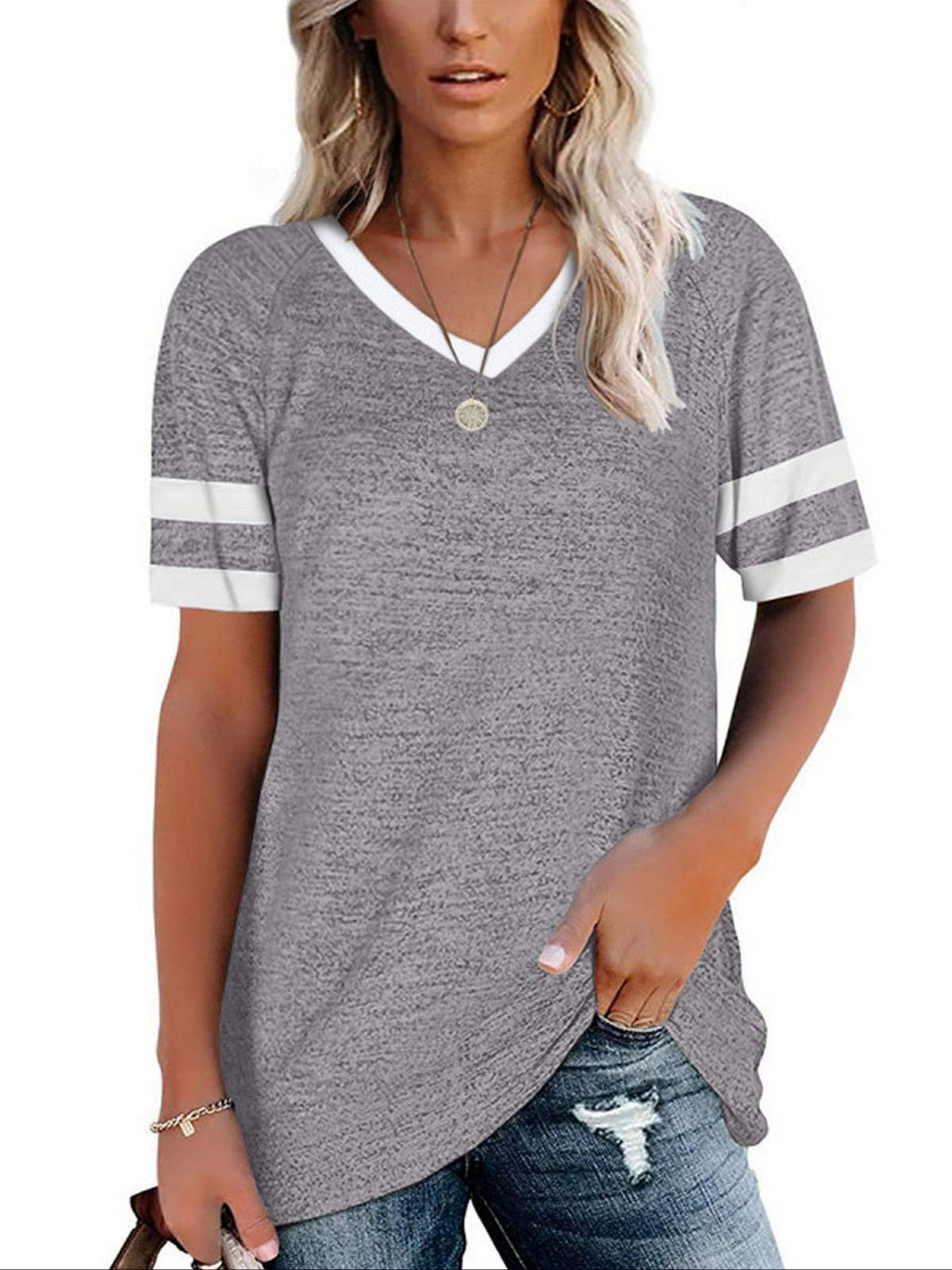 Women's T-shirt Casual V Neck Short Sleeve Loose Fashion Summer T-shirt