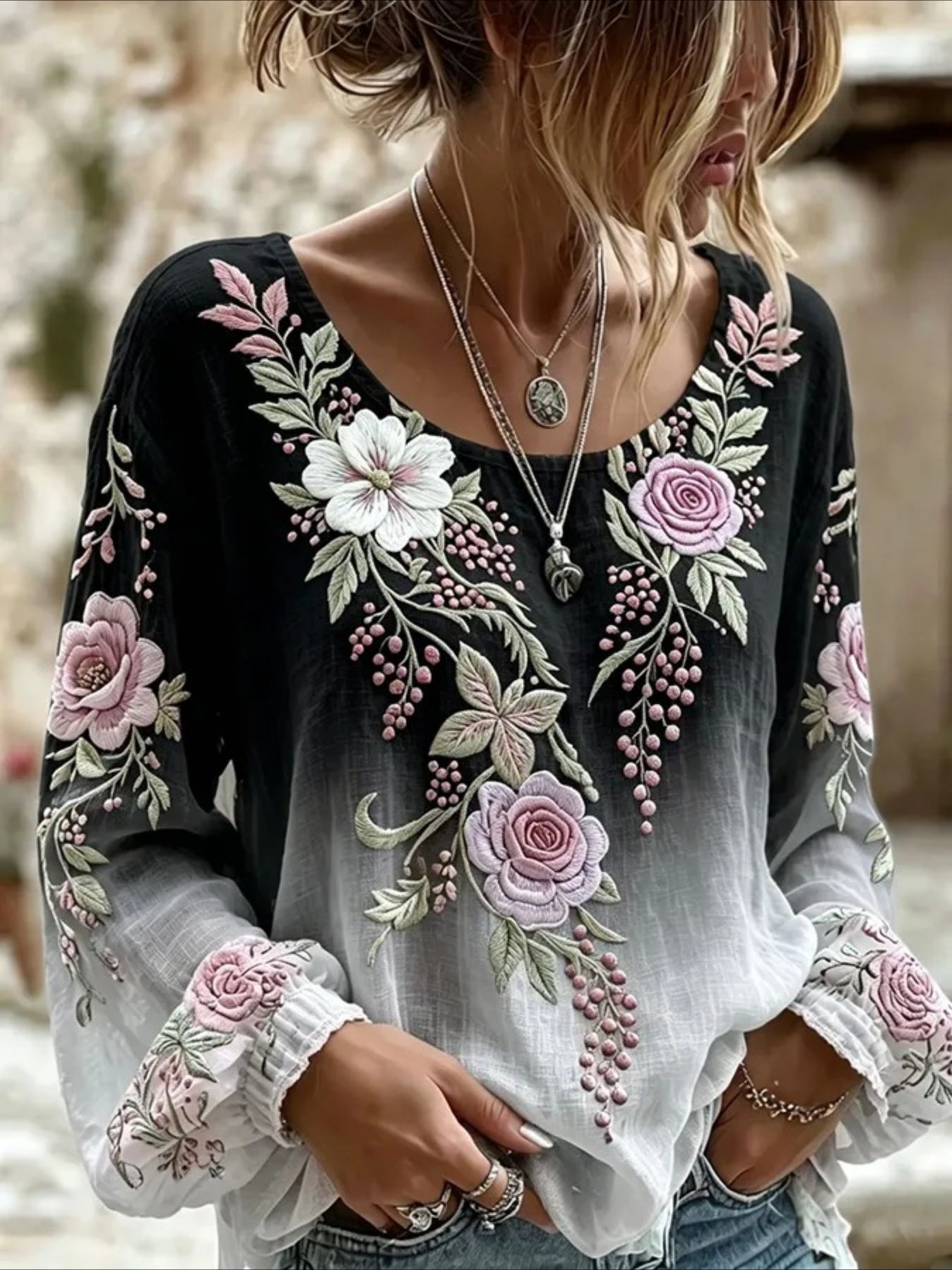 Floral Crew Neck Long Sleeve Blouse