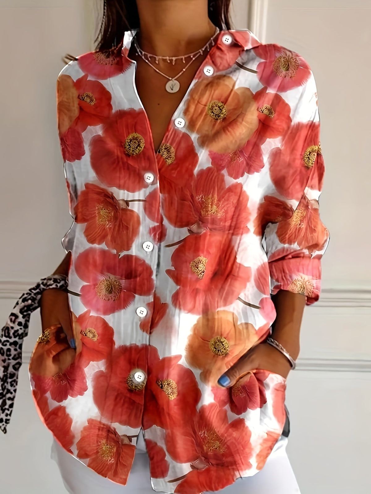 Middle Eastern-Inspired Floral Print Red Poppy Pattern on White Button-Front Placket Blouse