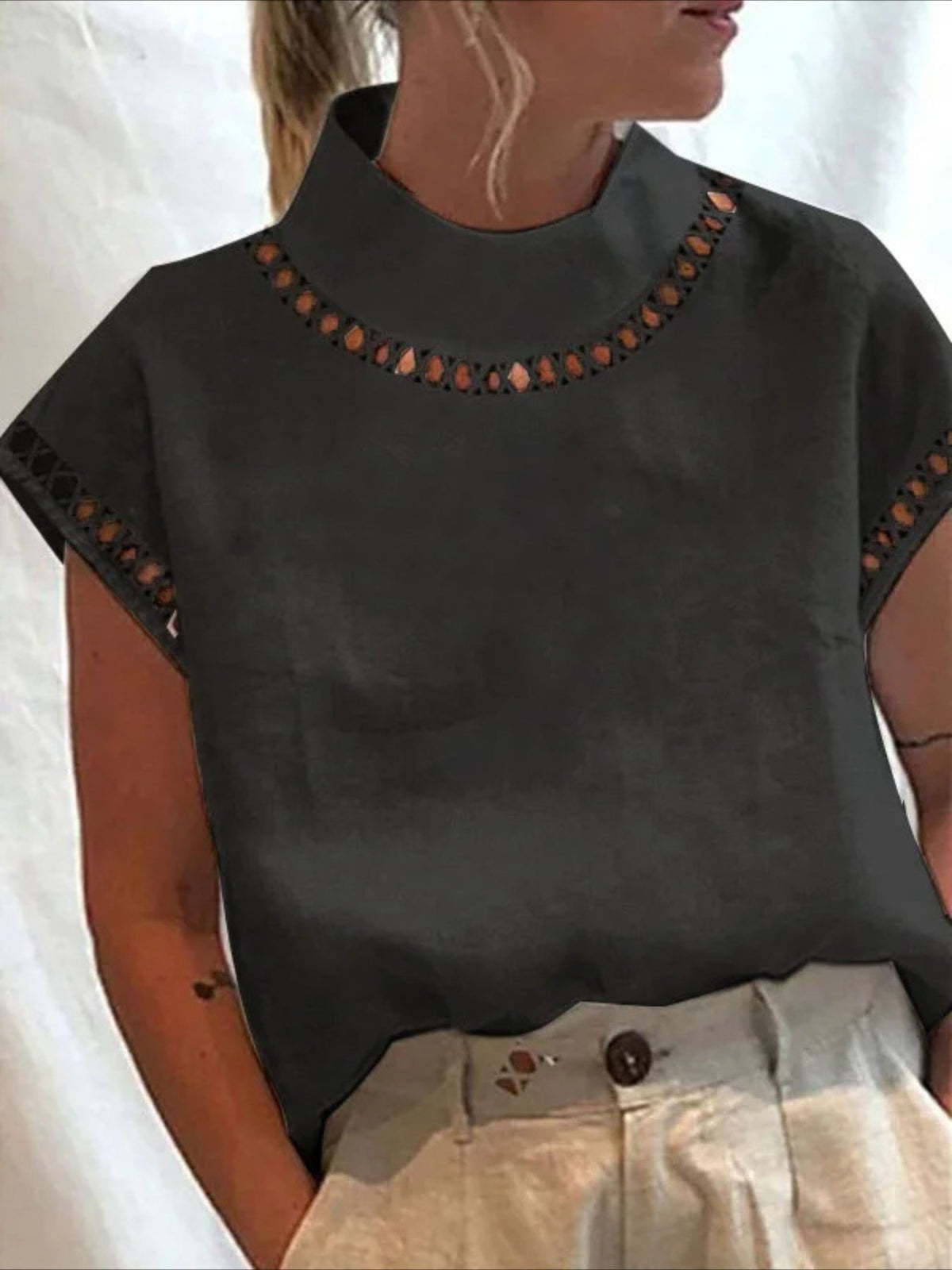 Solid Color Basic Casual Short Sleeve High Neck Regular Tops