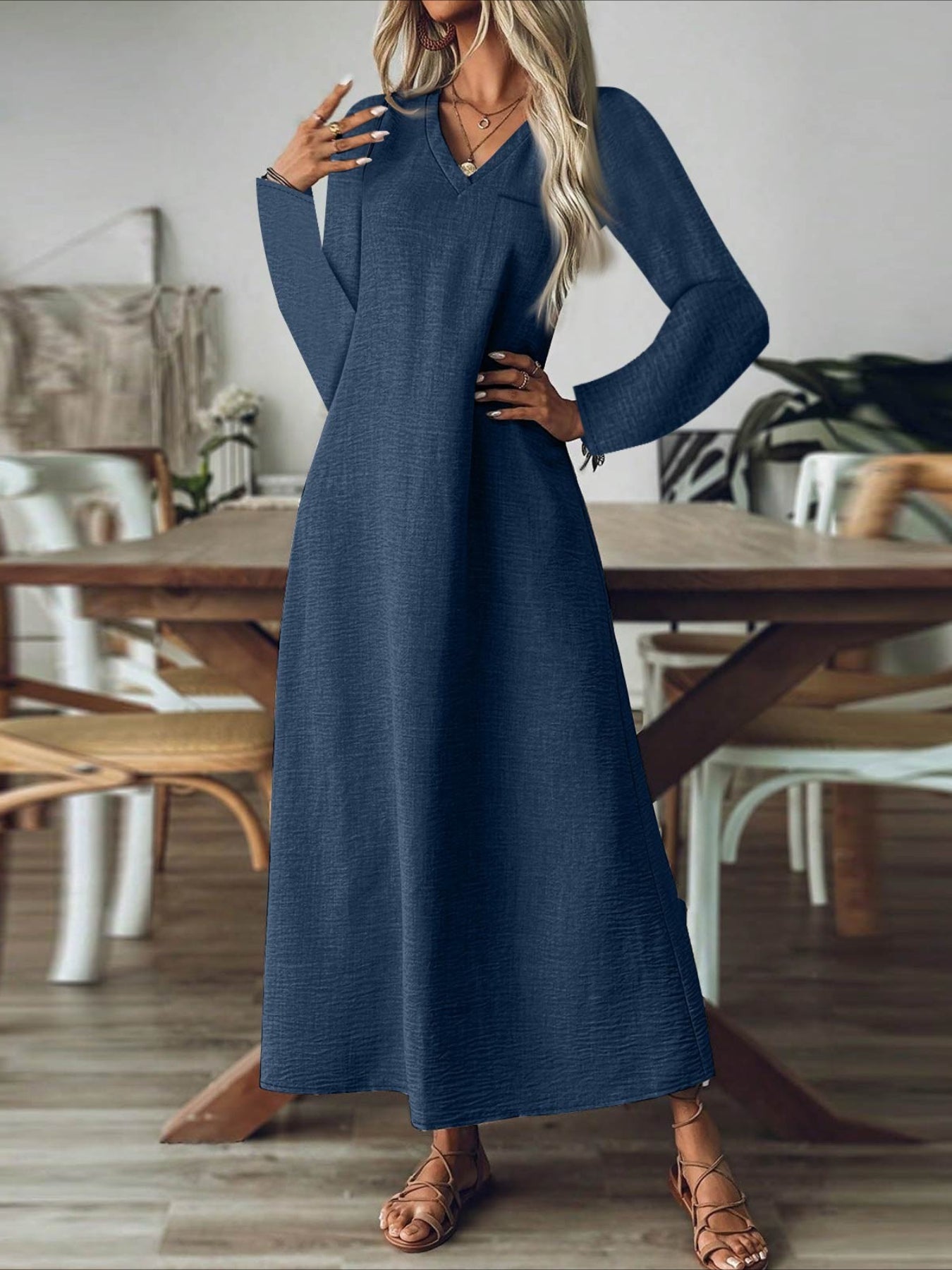 Back Zipper Solid Color Long Sleeve Cotton and Linen Dress