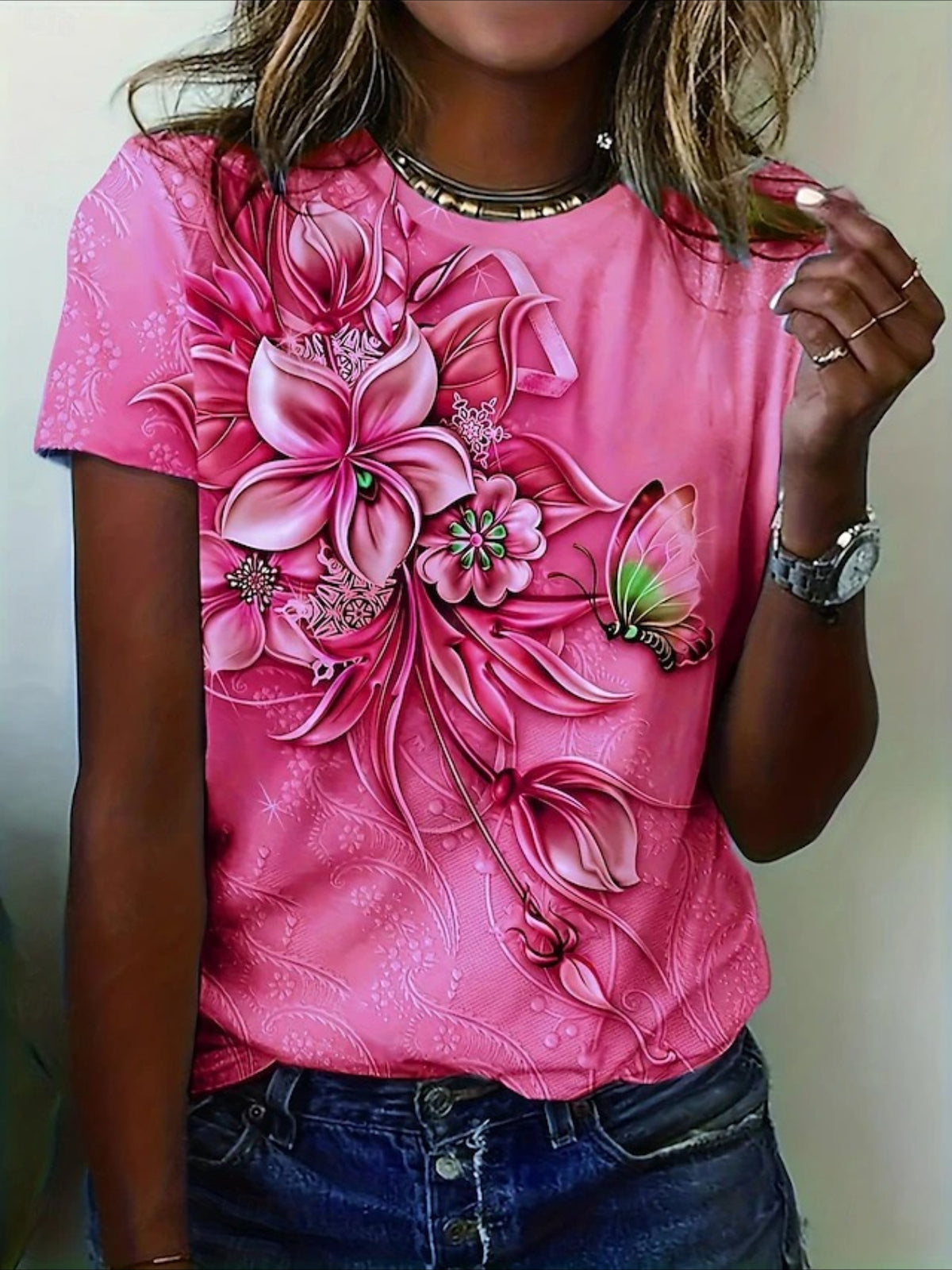 Floral Crew Neck Short Sleeve Casual T-shirt