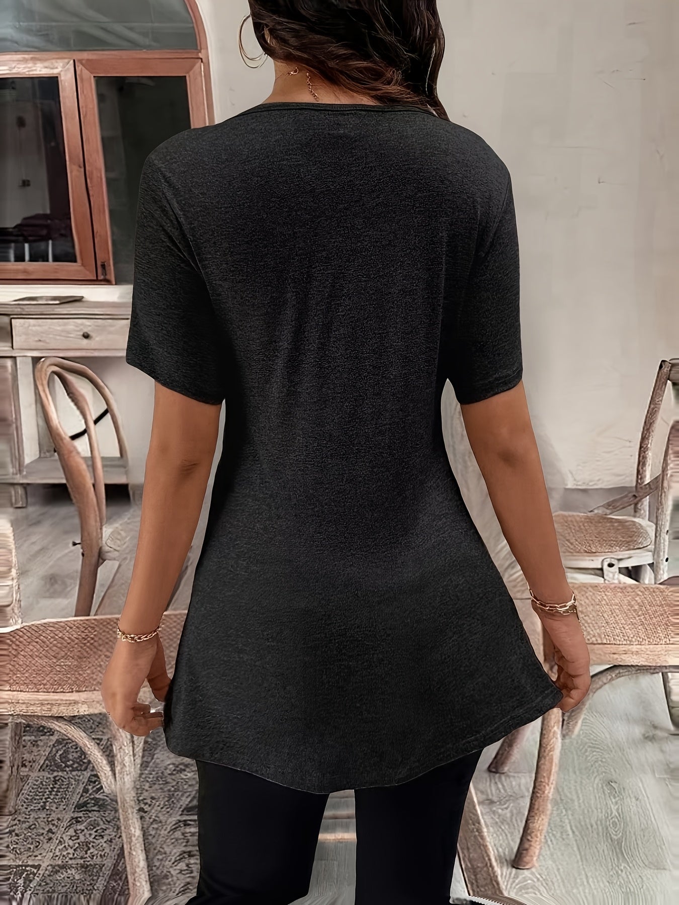 Solid Color Square Neck Slim-Fit Short Sleeve Cross-Strap Top