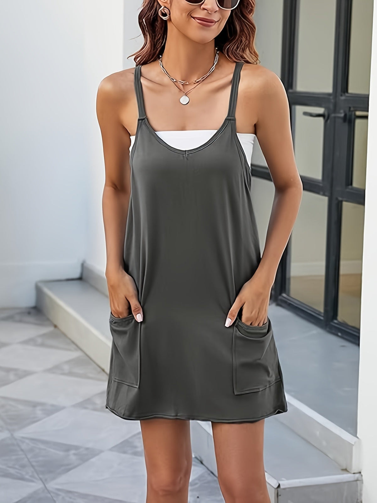 Sleeveless V-Neck Spaghetti Strap Mini Sundress with Built-In Shorts & Side Pockets