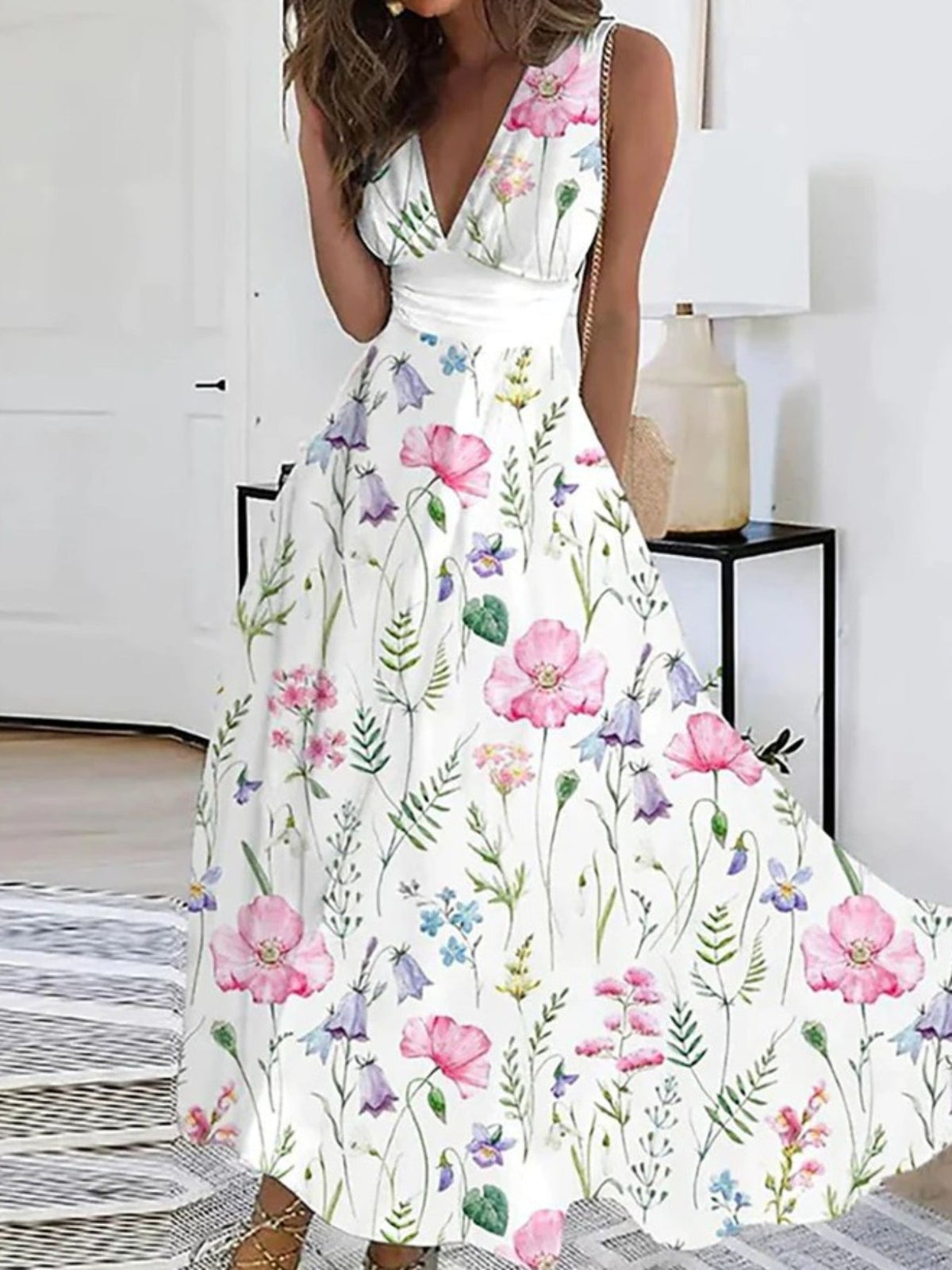 Floral Print Plunging Sleeveless Midi Dress - Women's Casual High Waist Clothing